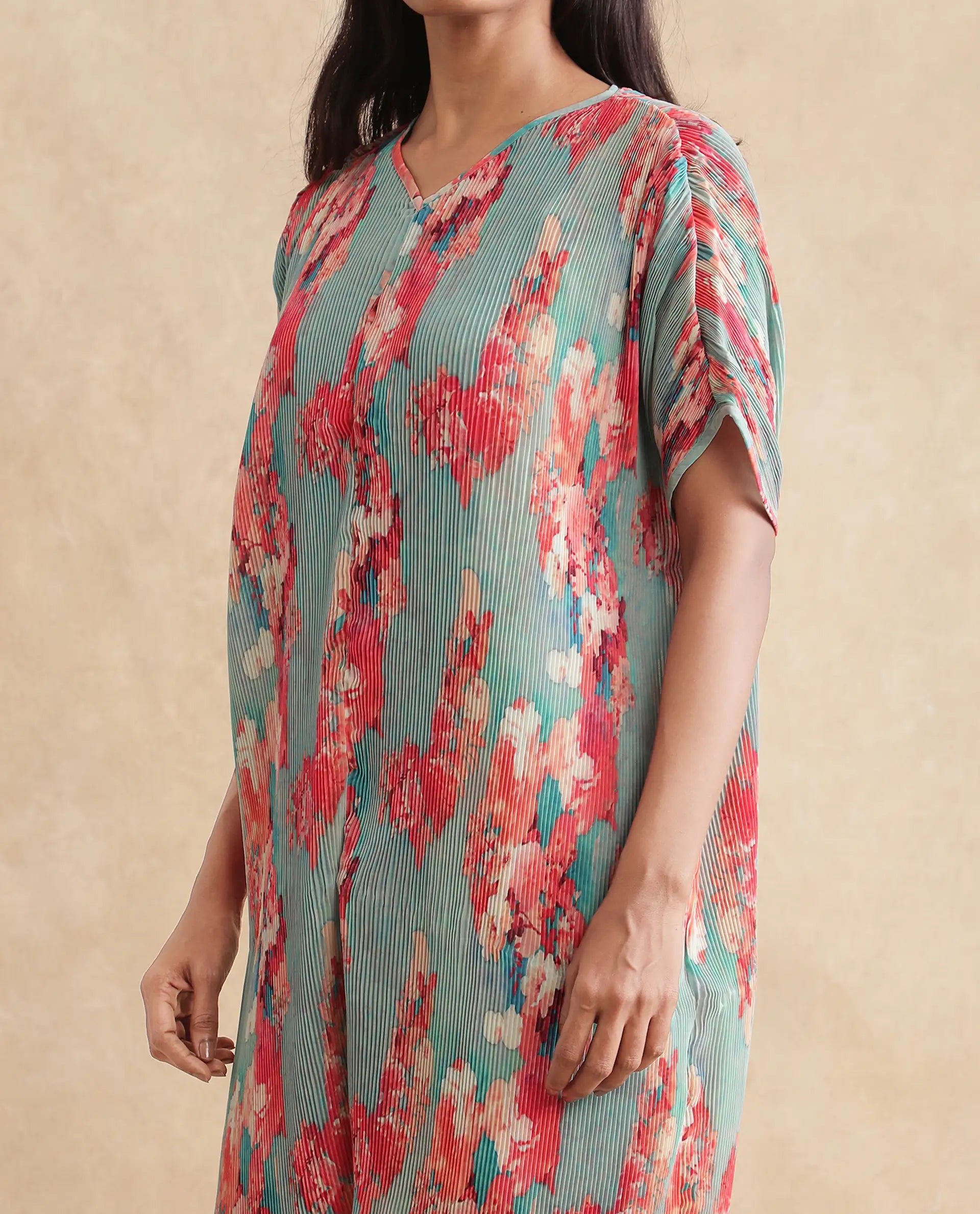 Rareism Women's Dellusion Multi Polyester Blend V-Neck Floral Print Extended Sleeves Mini Asymmetric Dress