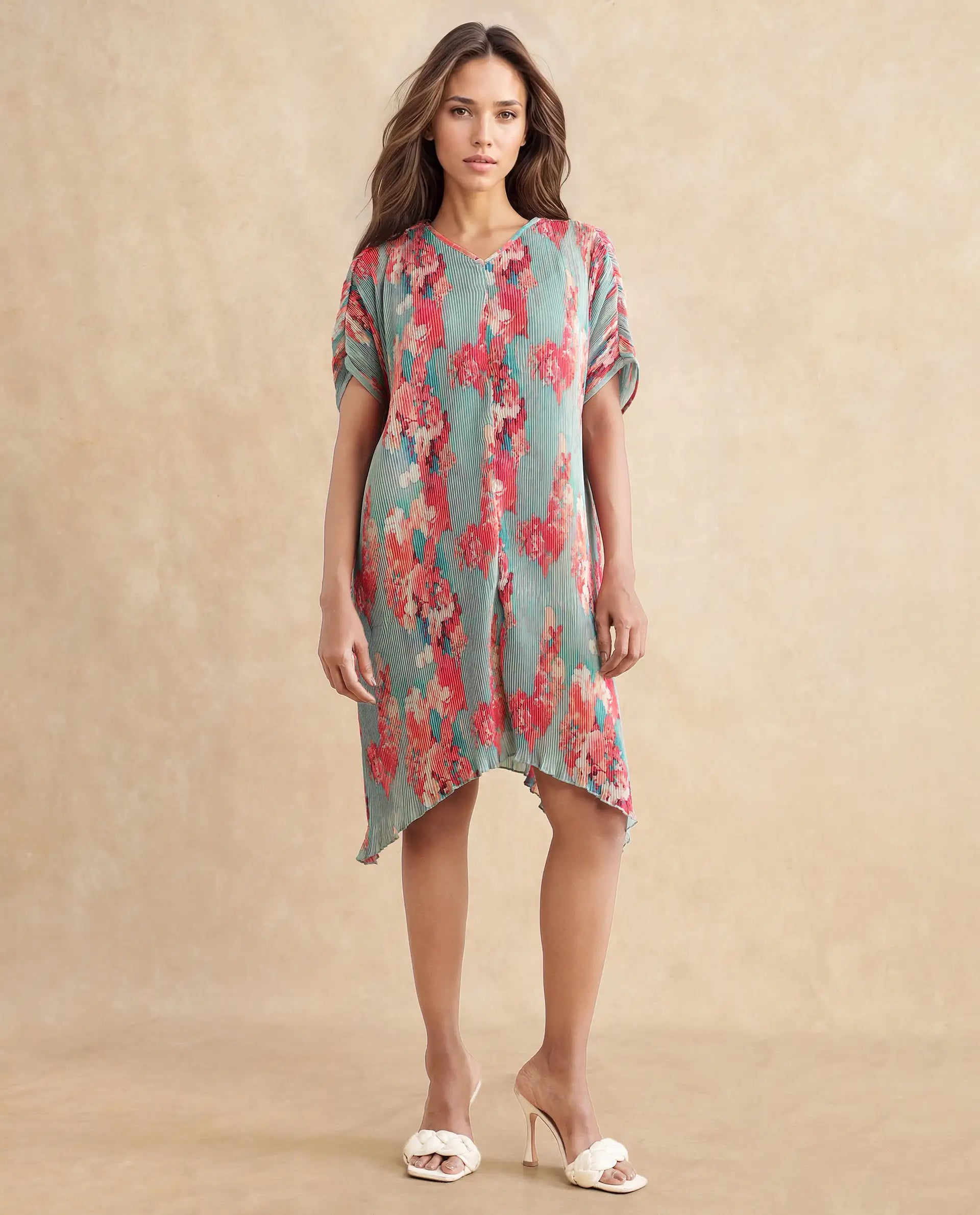 Rareism Women's Dellusion Multi Polyester Blend V-Neck Floral Print Extended Sleeves Mini Asymmetric Dress