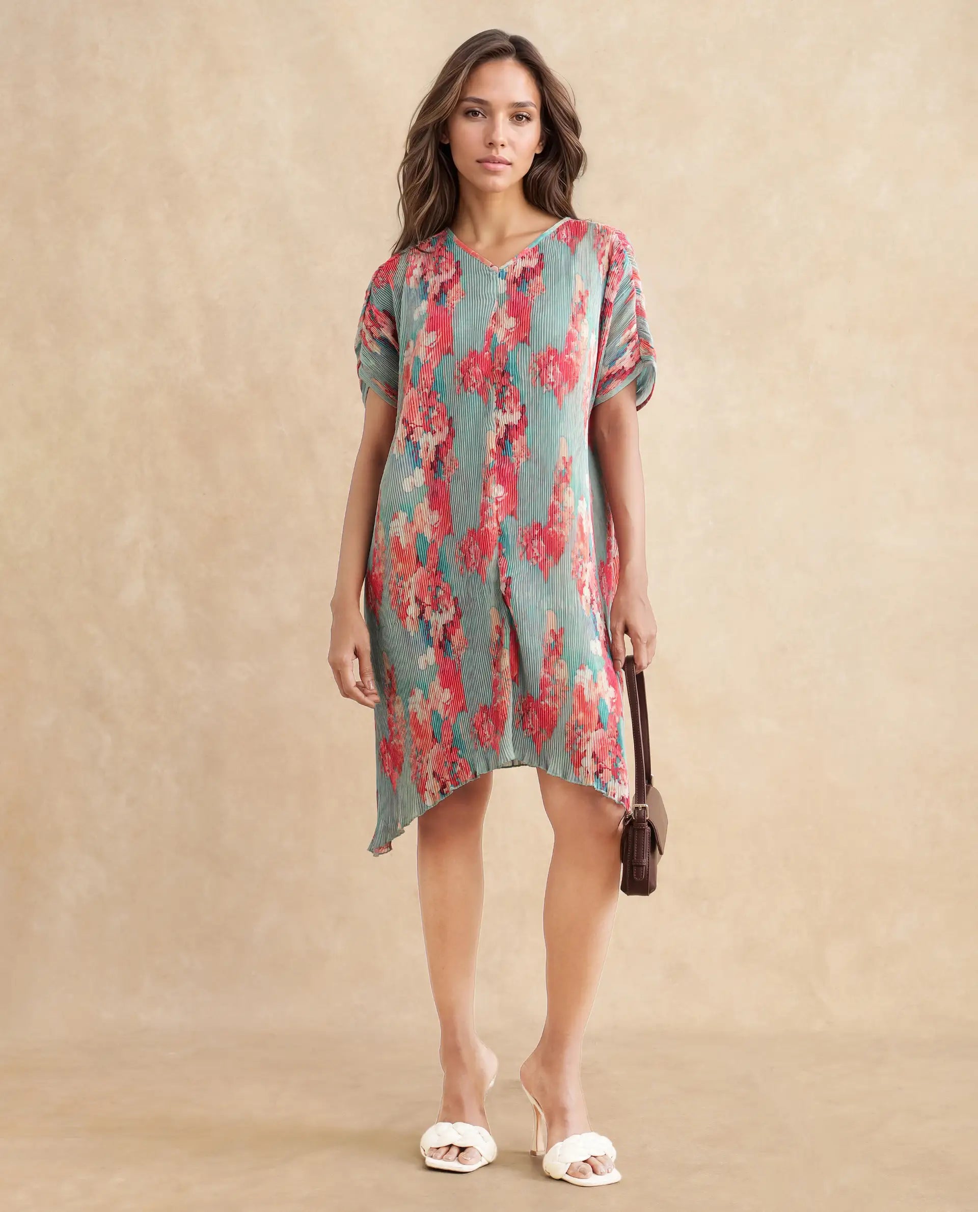 Rareism Women's Dellusion Multi Polyester Blend V-Neck Floral Print Extended Sleeves Mini Asymmetric Dress