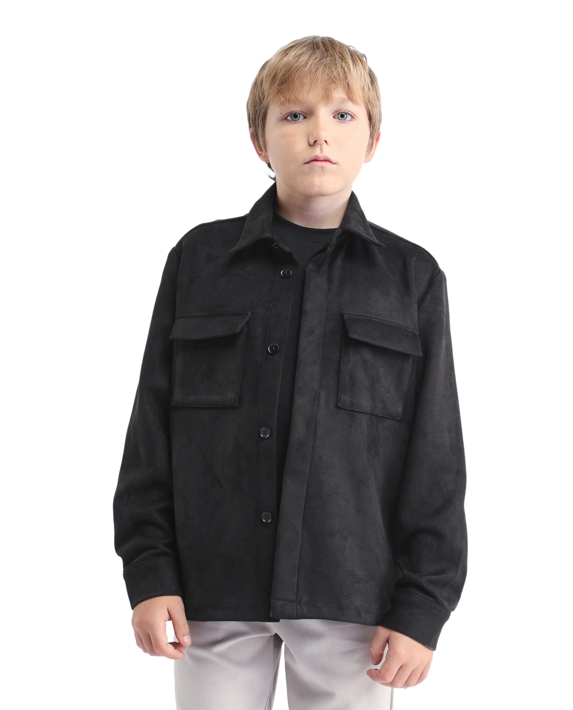 Rare Ones Kids Delo-K Black Polyester Blend Button Closure Spread Collar Plain Full Sleeves Regular Fit Shacket