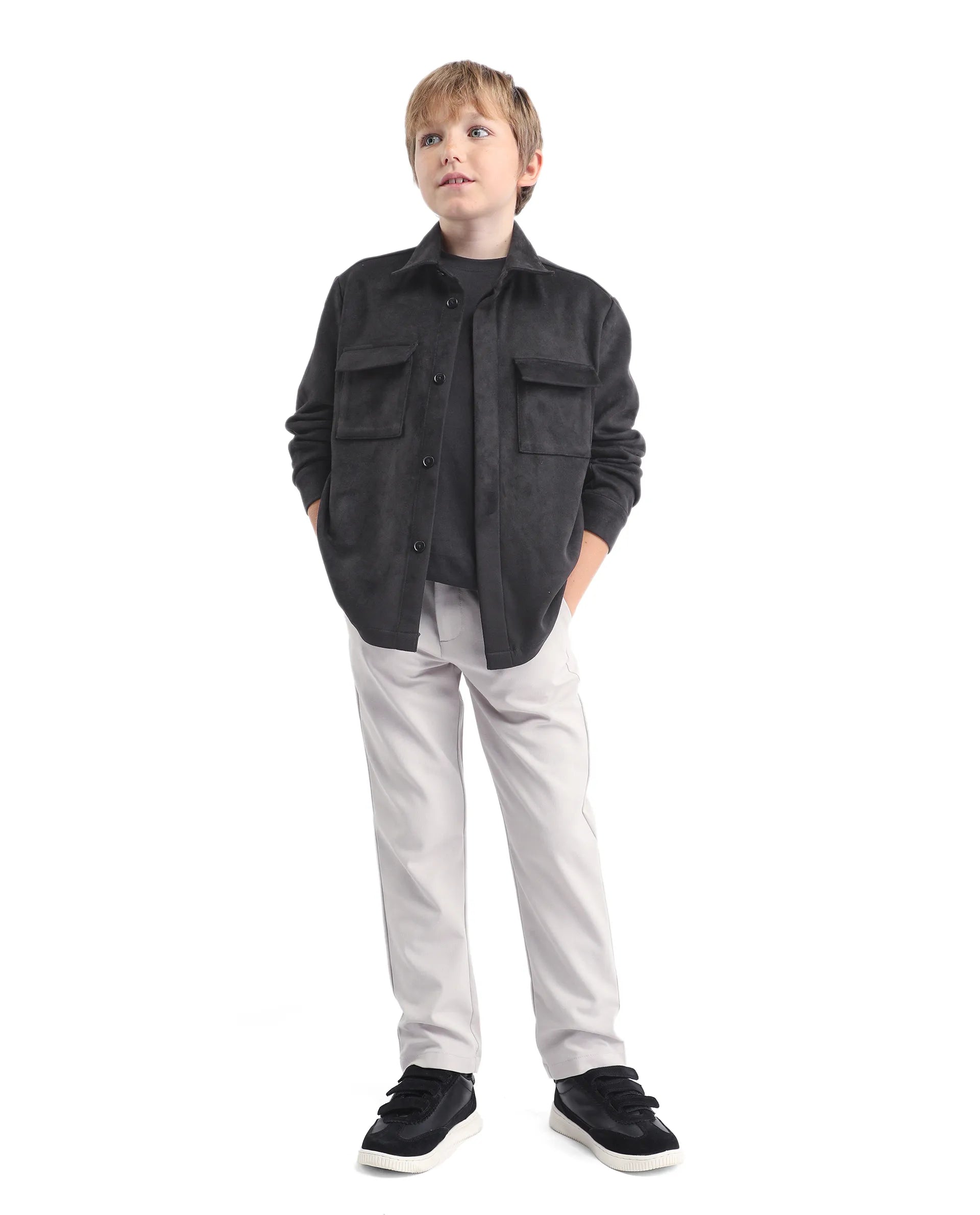 Rare Ones Kids Delo-K Black Polyester Blend Button Closure Spread Collar Plain Full Sleeves Regular Fit Shacket