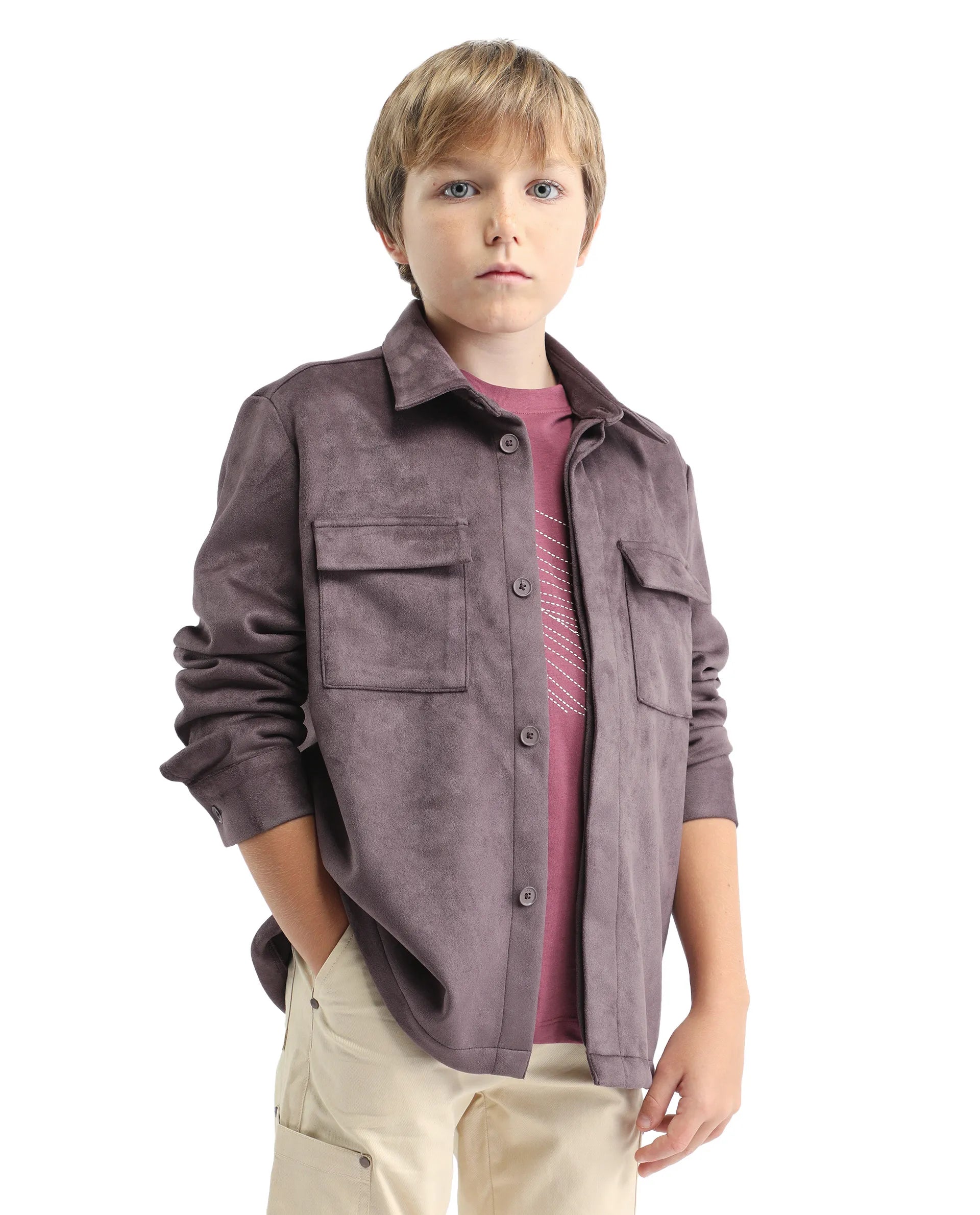 Rare Ones Kids Delo-K Dusky Pink Polyester Blend Button Closure Spread Collar Plain Full Sleeves Regular Fit Shacket