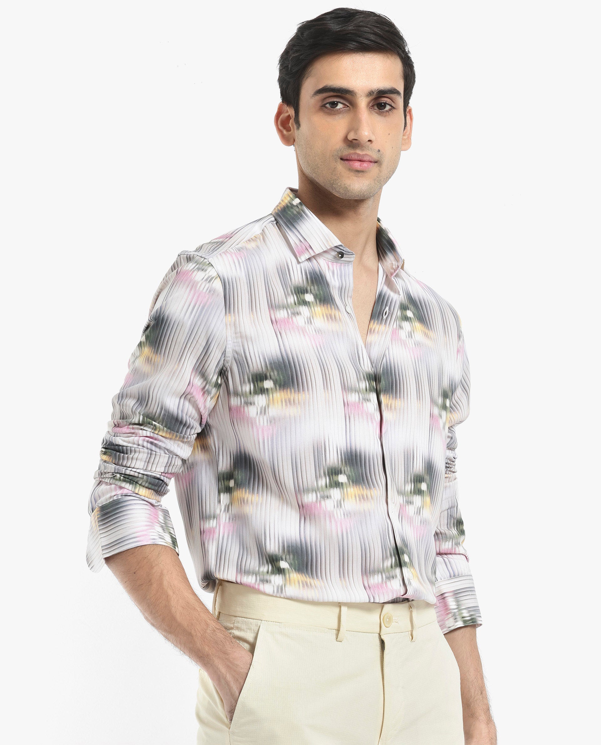 Rare Rabbit Men's Delune Dark Grey Viscose Fabric Regular Collar Abstract Print Self Stripe Shirt