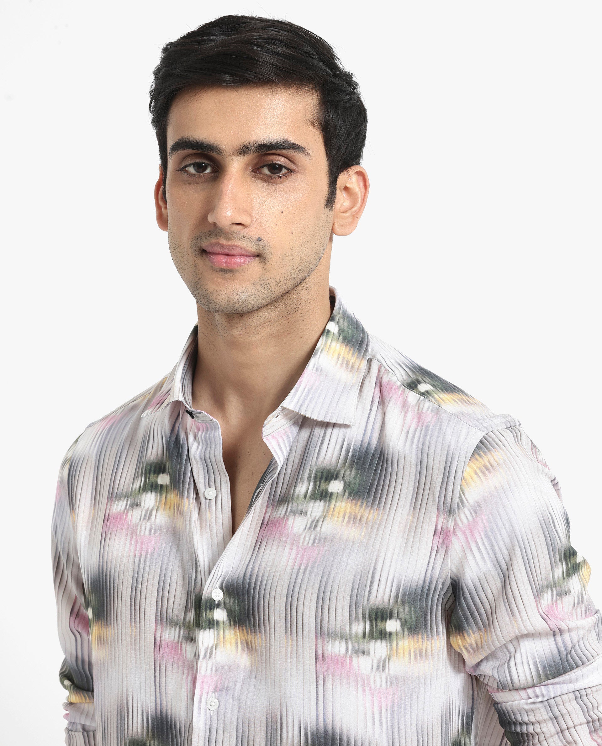 Rare Rabbit Men's Delune Dark Grey Viscose Fabric Regular Collar Abstract Print Self Stripe Shirt