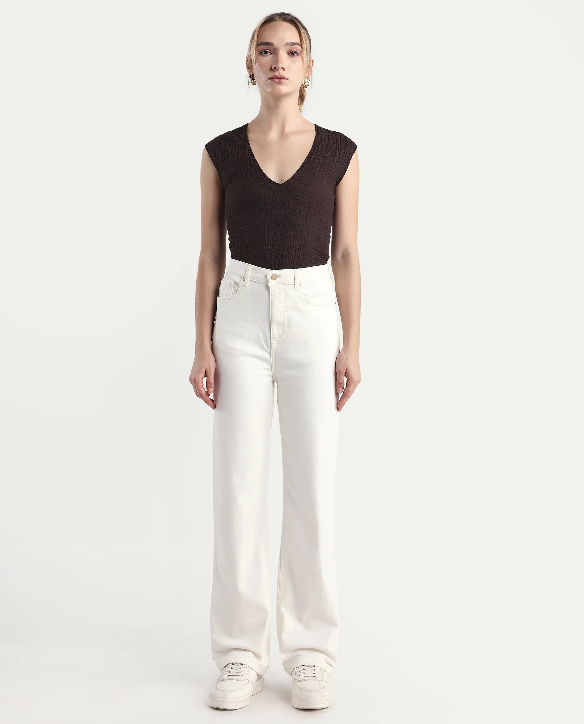 Rareism Women's Denby Off White Cotton Blend Straight Plain Jeans