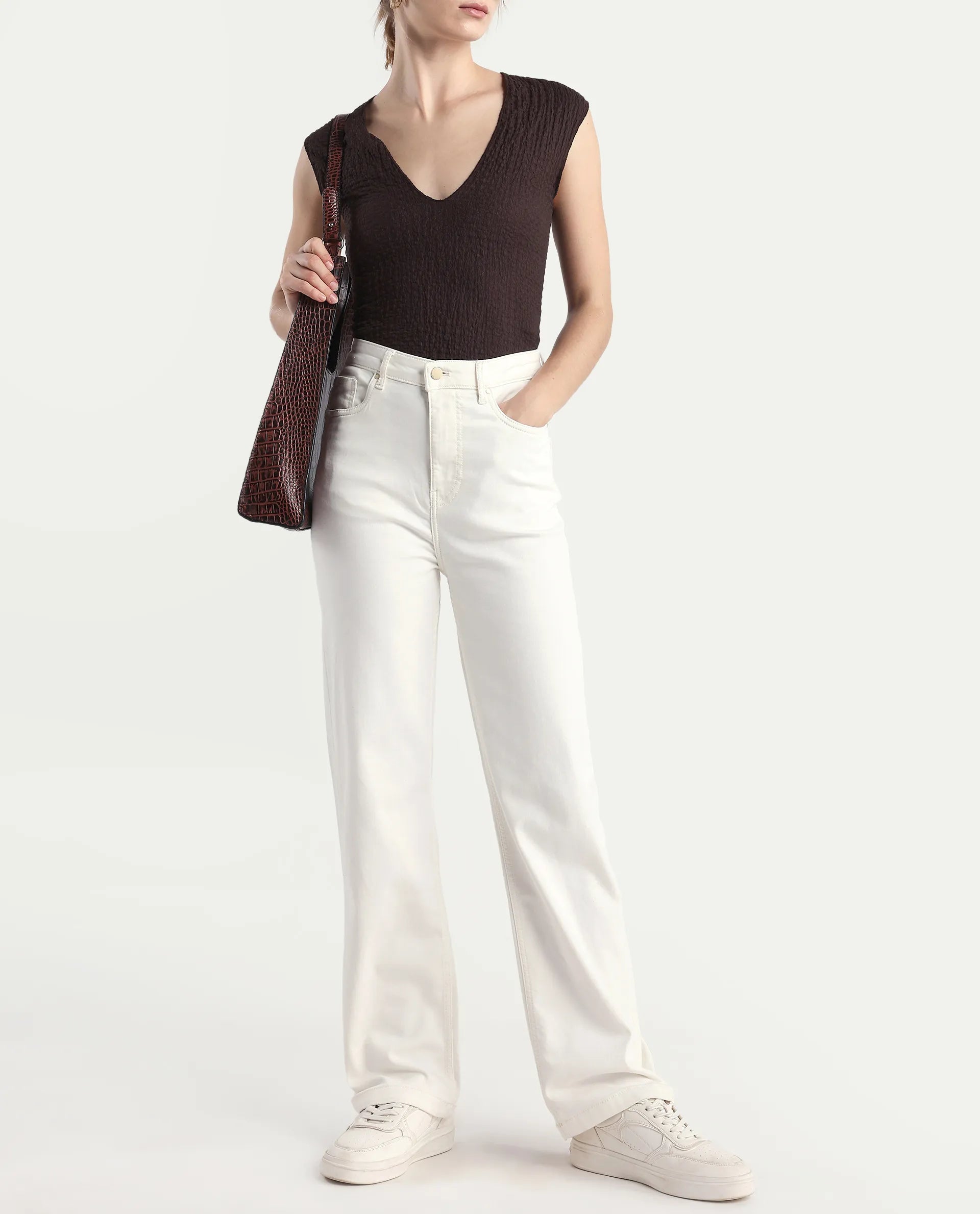 Rareism Women's Denby Off White Cotton Blend Straight Plain Jeans