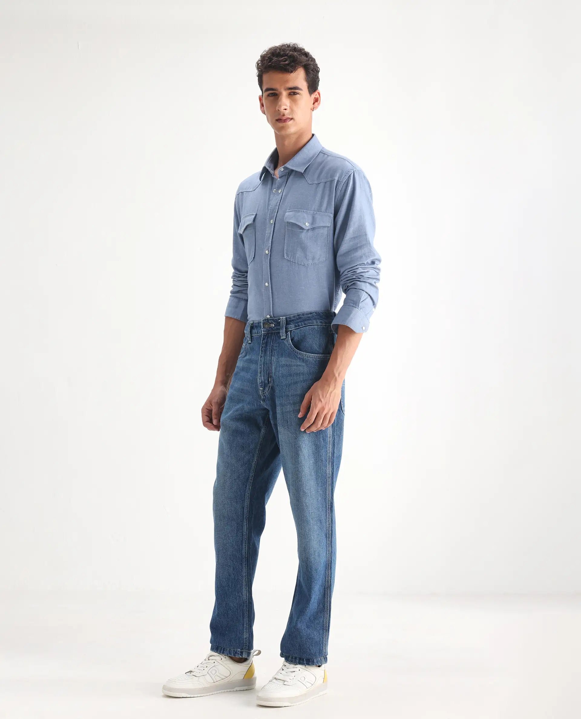 Rare Rabbit Men's Denis Blue Cotton Plain Morris Regular Fit Jeans