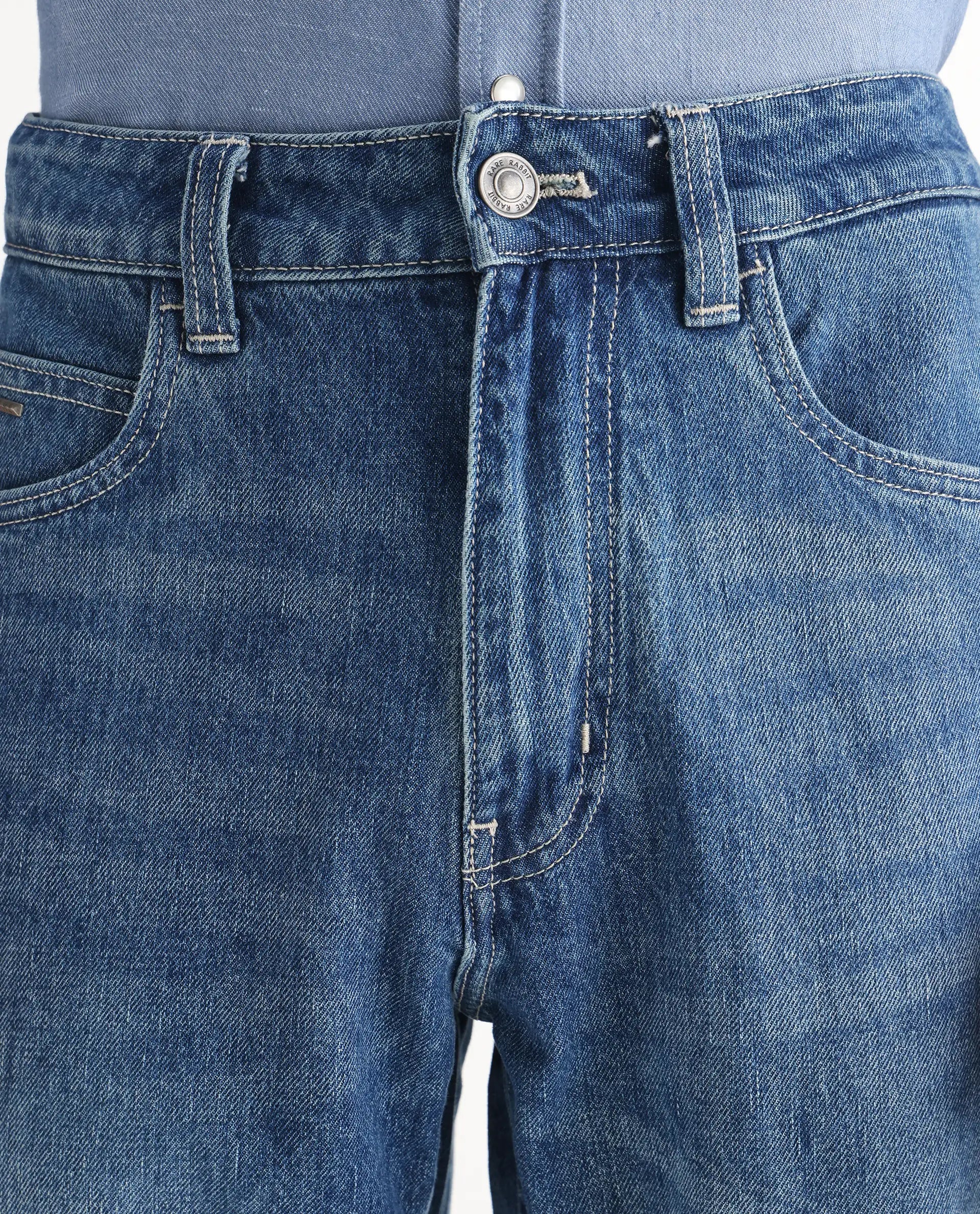 Rare Rabbit Men's Denis Blue Cotton Plain Morris Regular Fit Jeans