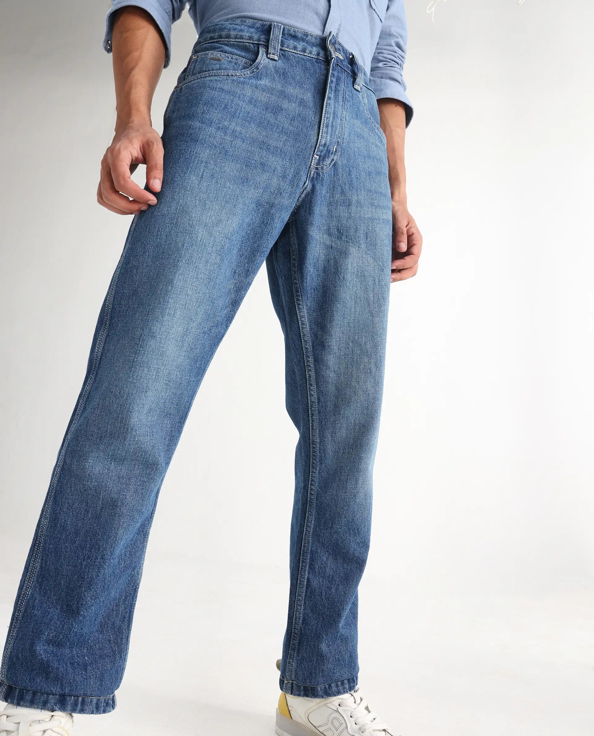 Rare Rabbit Men's Denis Blue Cotton Plain Morris Regular Fit Jeans