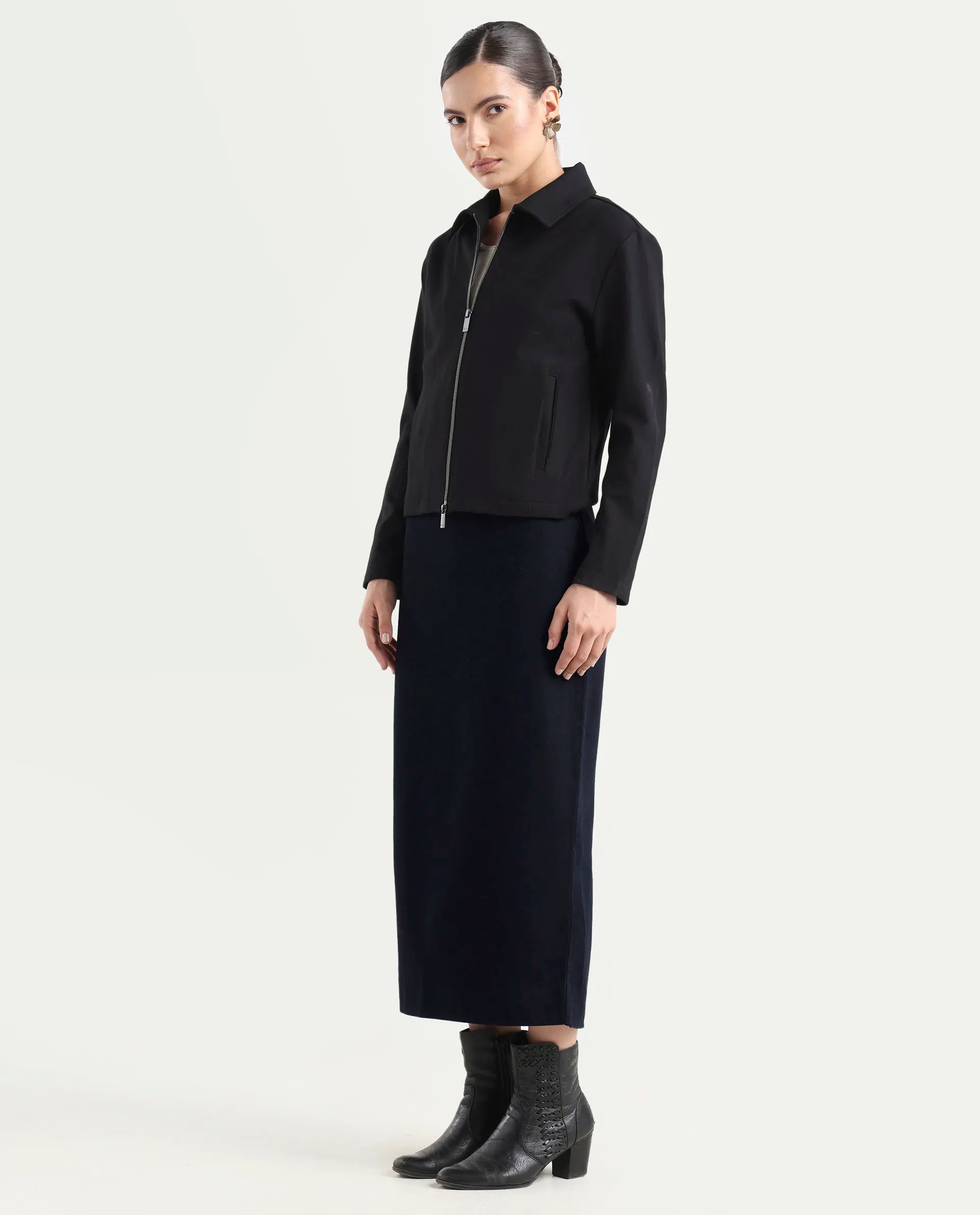 Rareism Women's Denis Dark Blue Cotton A-Line Plain Skirt