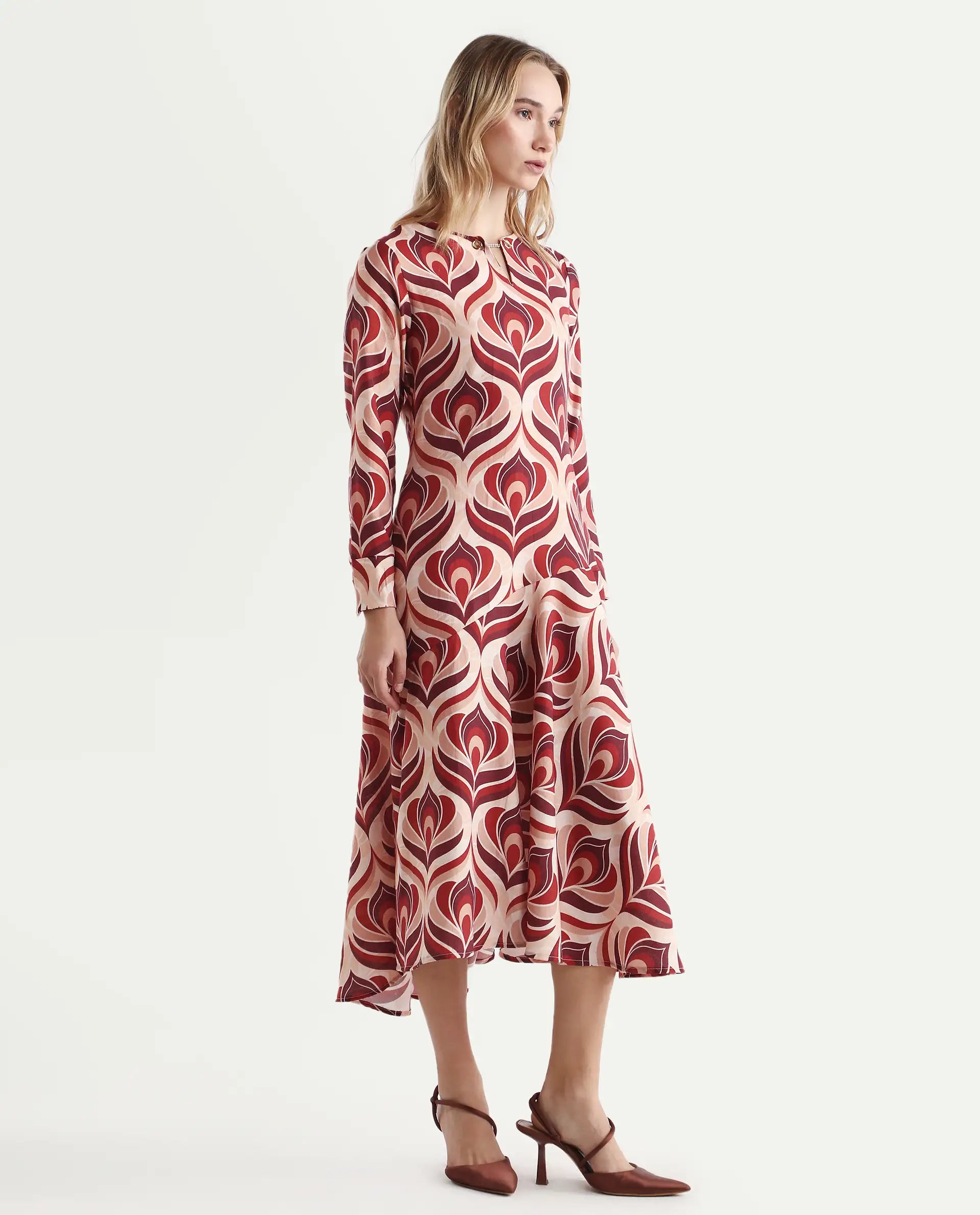 Rareism Women's Denizli Dark Beige Polyester V-Neck Floral Print Midi A-Line Dress