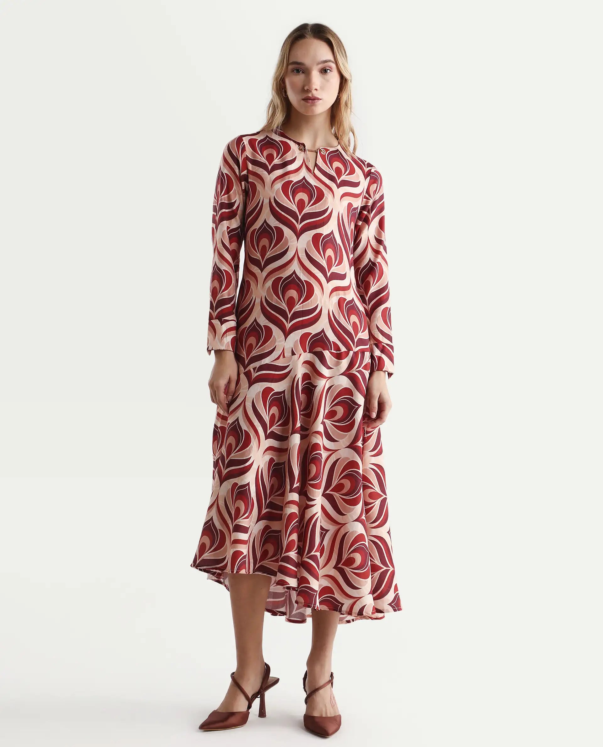 Rareism Women's Denizli Dark Beige Polyester V-Neck Floral Print Midi A-Line Dress
