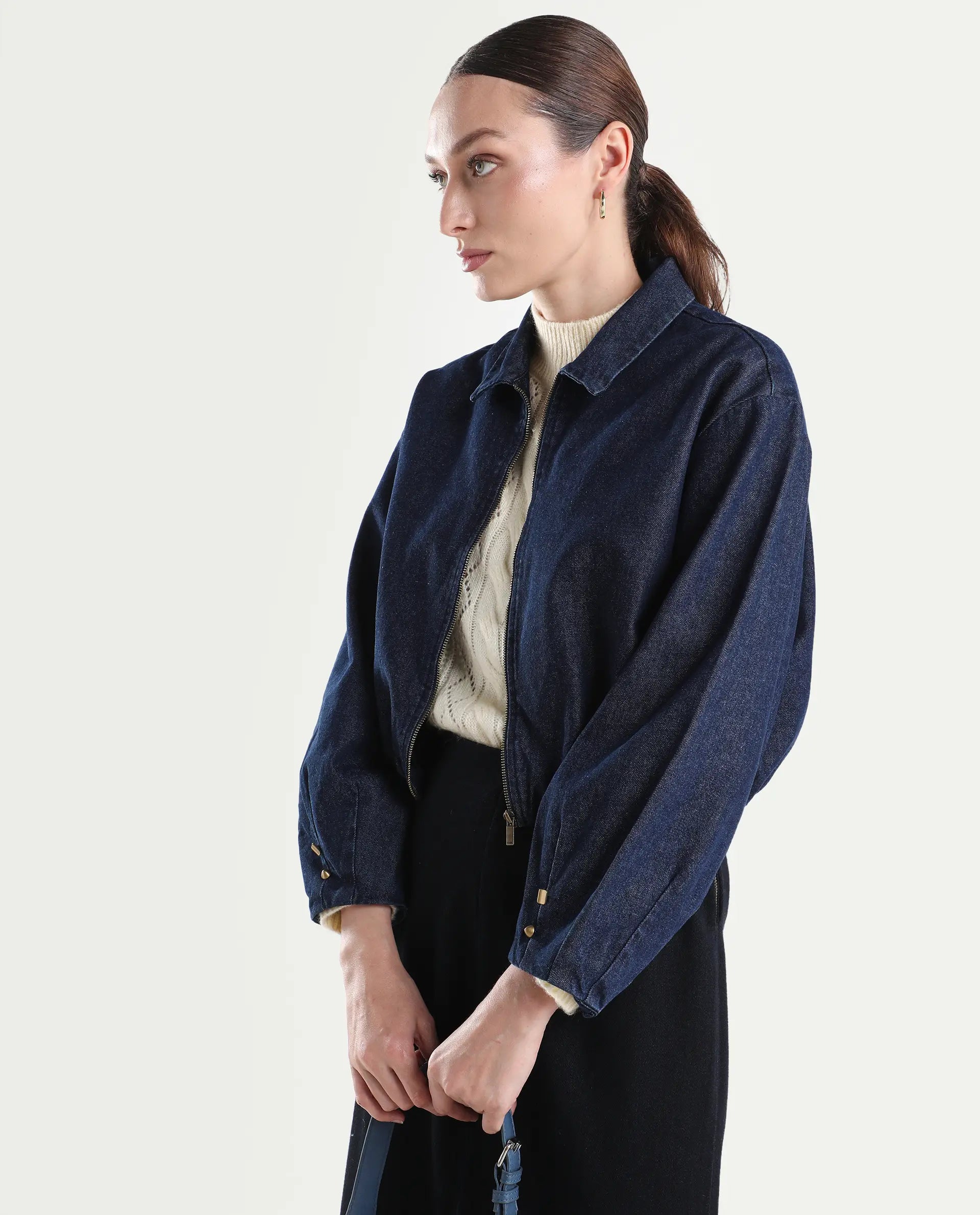 Rareism Women's Denjac Dark Blue Cotton Full Sleeve Regular Fit Plain Jacket