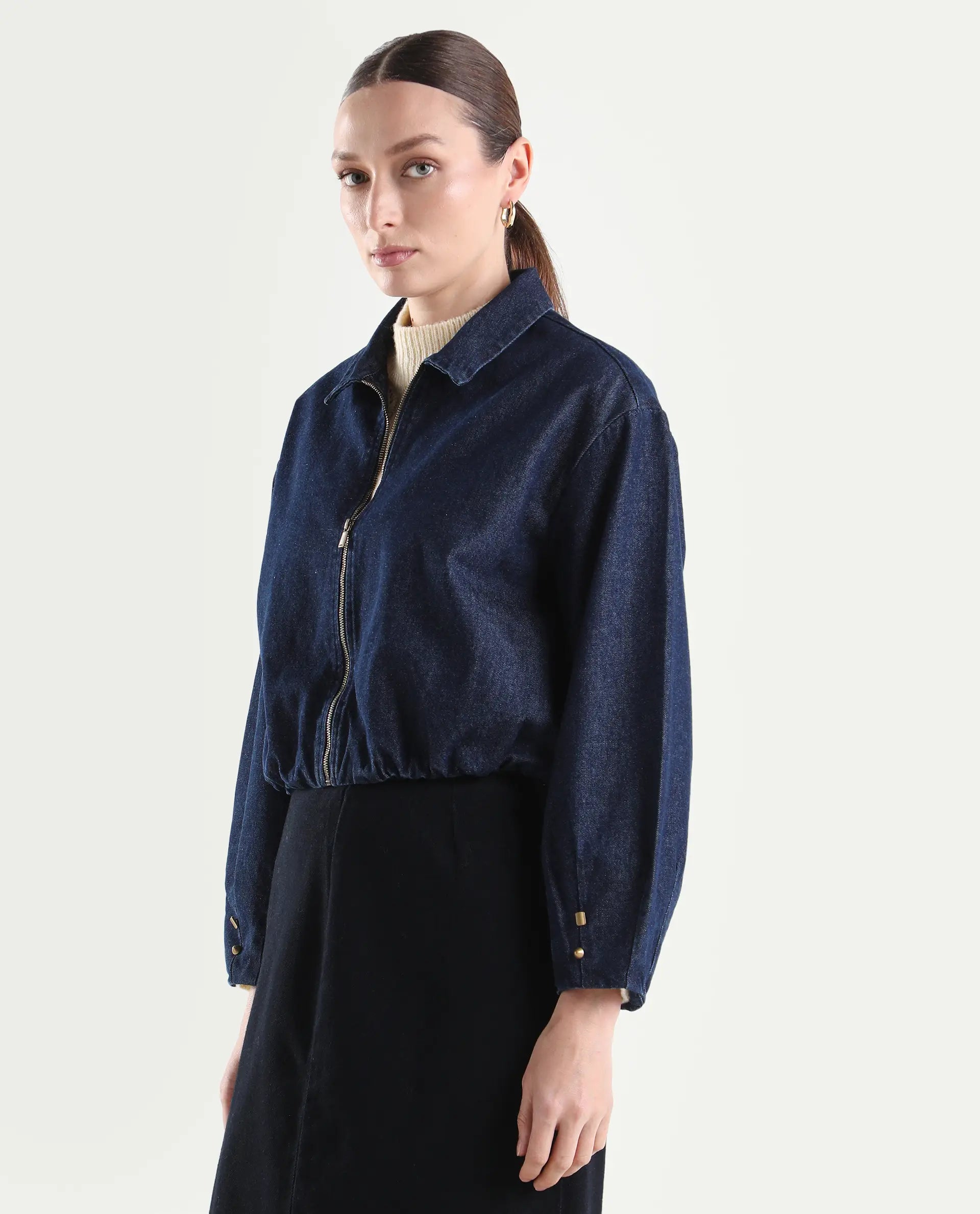Rareism Women's Denjac Dark Blue Cotton Full Sleeve Regular Fit Plain Jacket