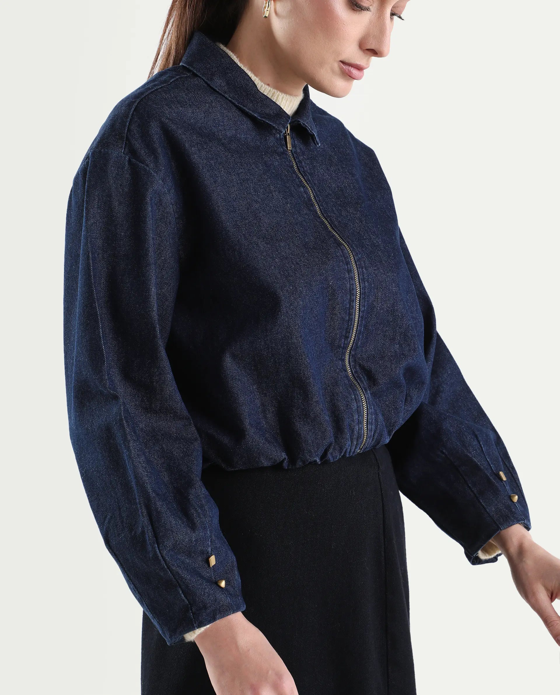 Rareism Women's Denjac Dark Blue Cotton Full Sleeve Regular Fit Plain Jacket