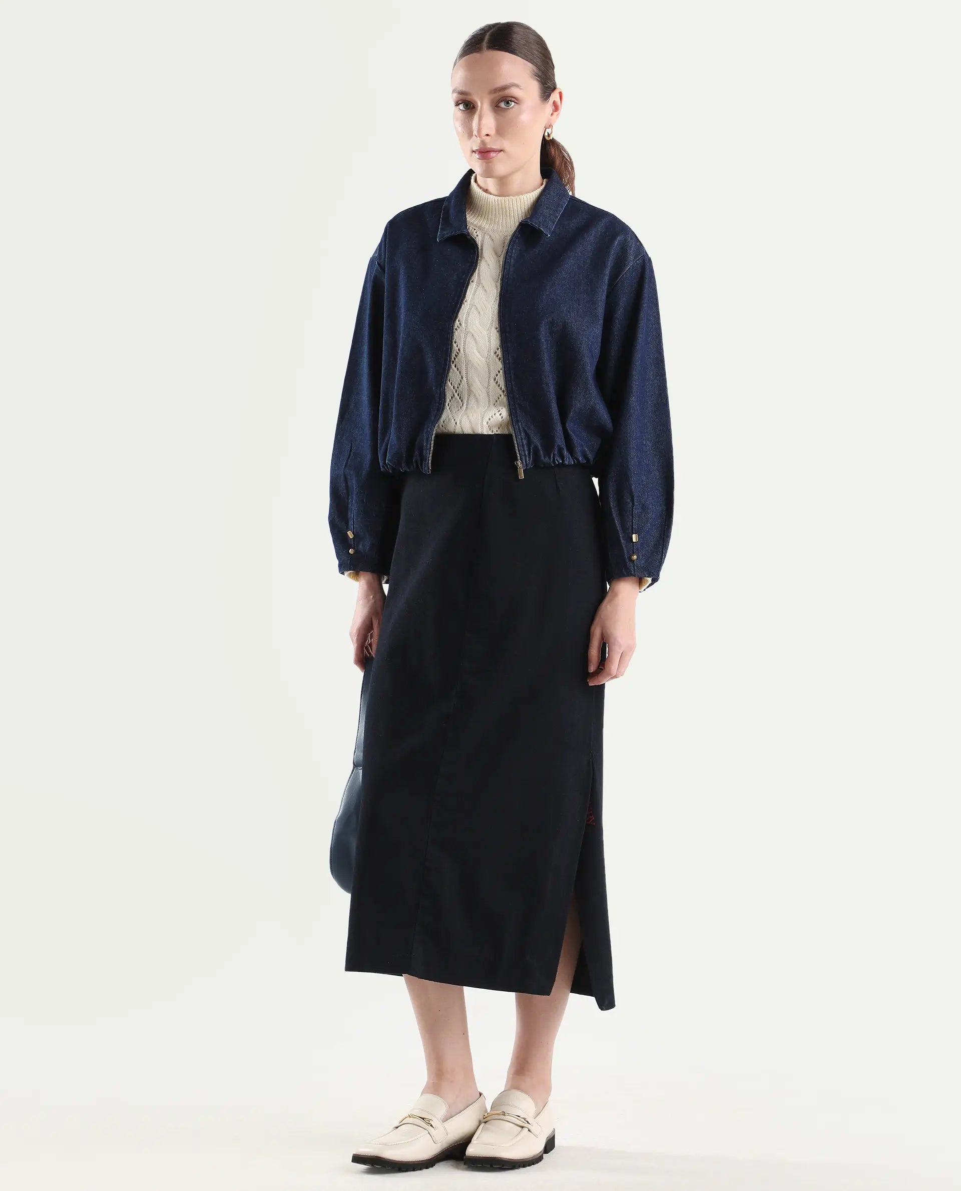 Rareism Women's Denjac Dark Blue Cotton Full Sleeve Regular Fit Plain Jacket