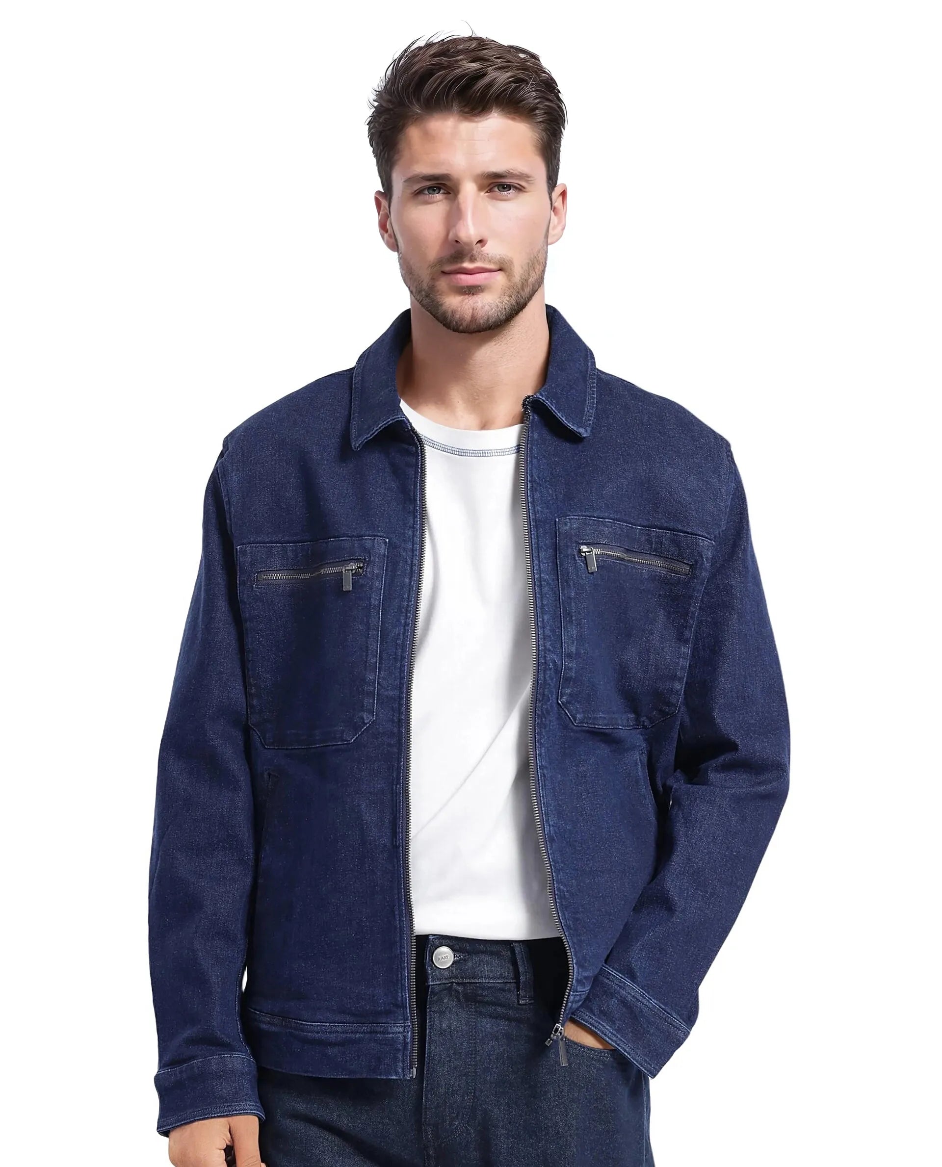 Rare Rabbit Men Denner Dark Blue Cotton Polyester Fabric Full Sleeve Collared Zipper Closure Denim Plain Jacket
