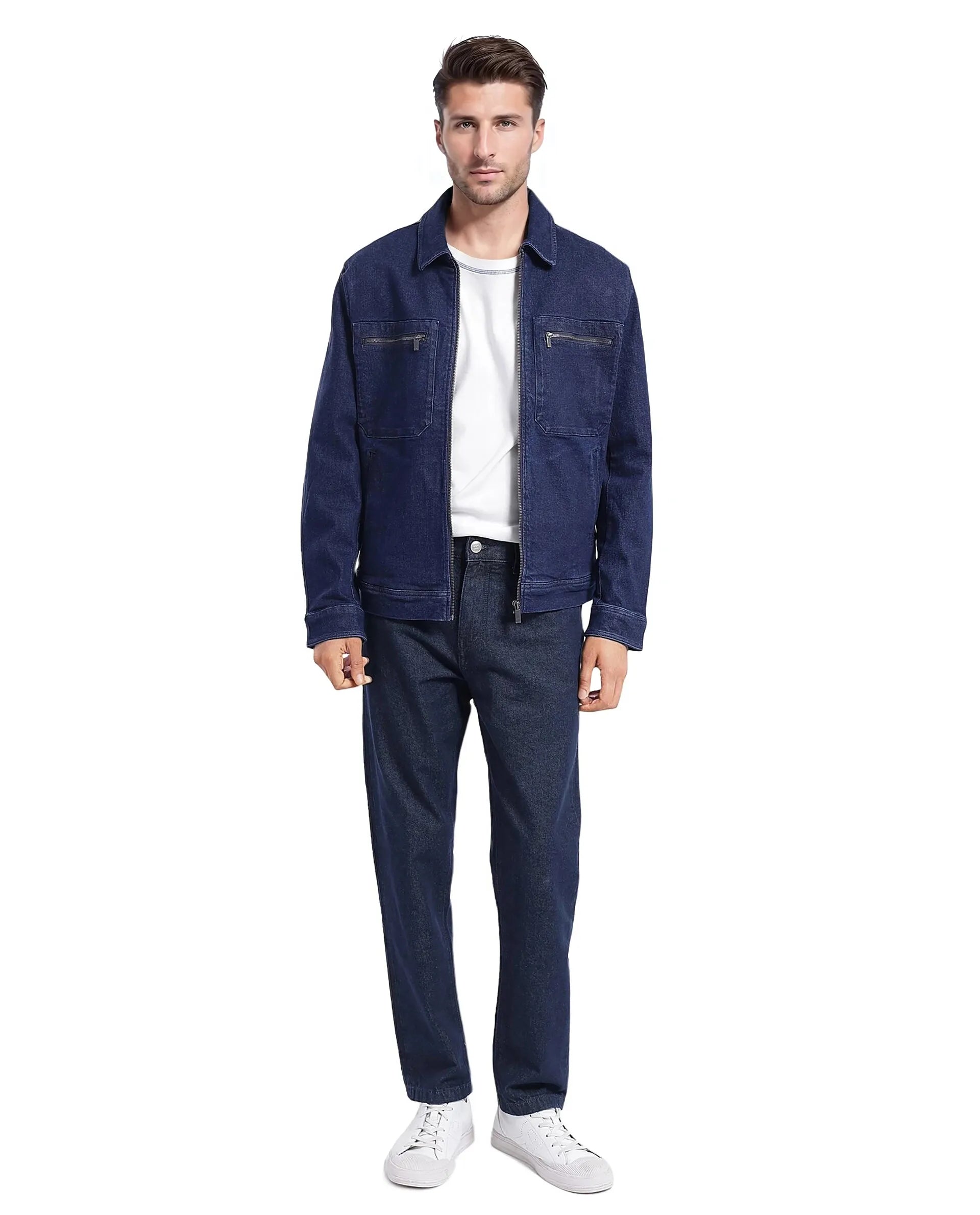 Rare Rabbit Men Denner Dark Blue Cotton Polyester Fabric Full Sleeve Collared Zipper Closure Denim Plain Jacket