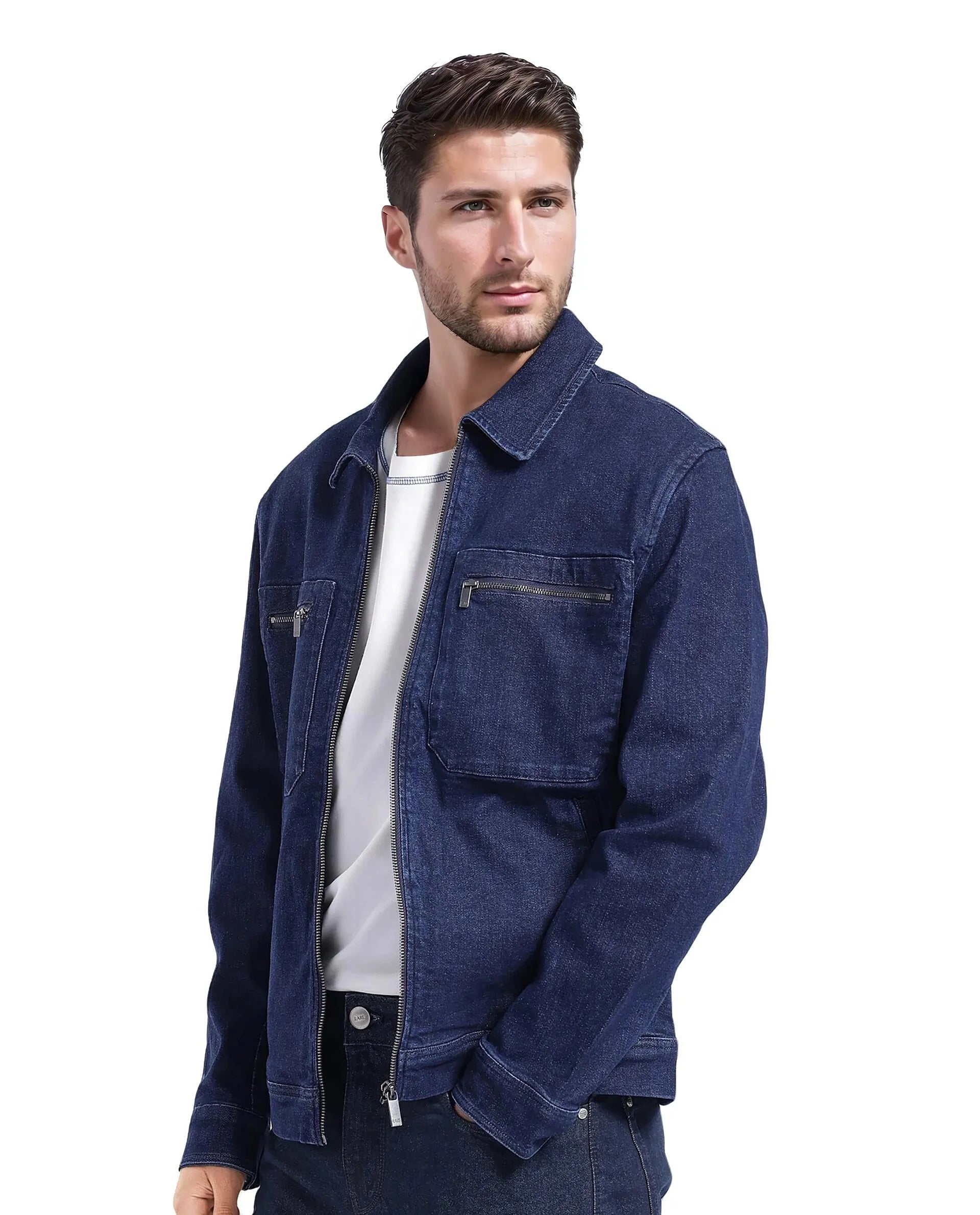 Rare Rabbit Men Denner Dark Blue Cotton Polyester Fabric Full Sleeve Collared Zipper Closure Denim Plain Jacket