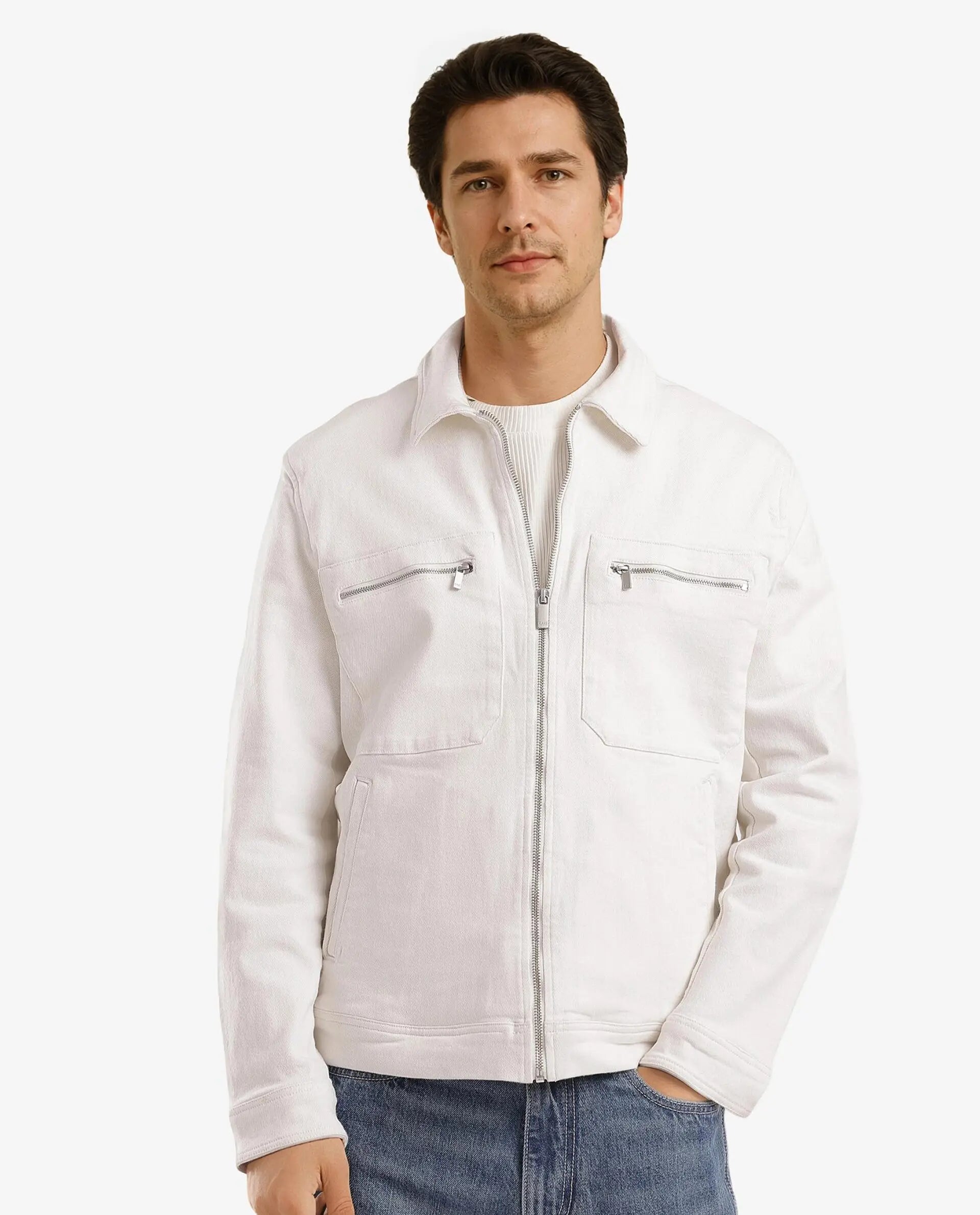 Rare Rabbit Men Denner Off White Cotton Polyester Fabric Full Sleeve Collared Zipper Closure Plain Jacket