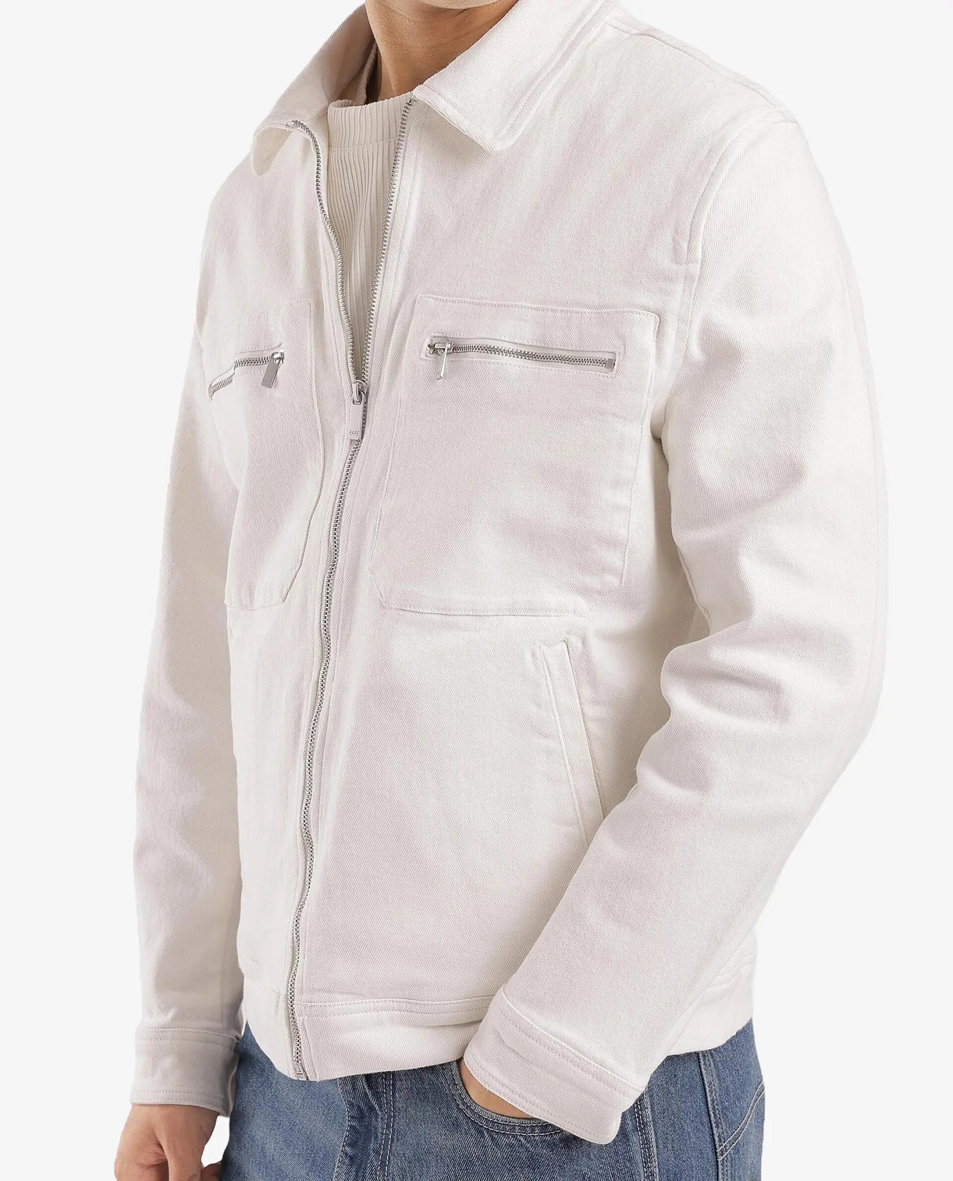 Rare Rabbit Men Denner Off White Cotton Polyester Fabric Full Sleeve Collared Zipper Closure Plain Jacket