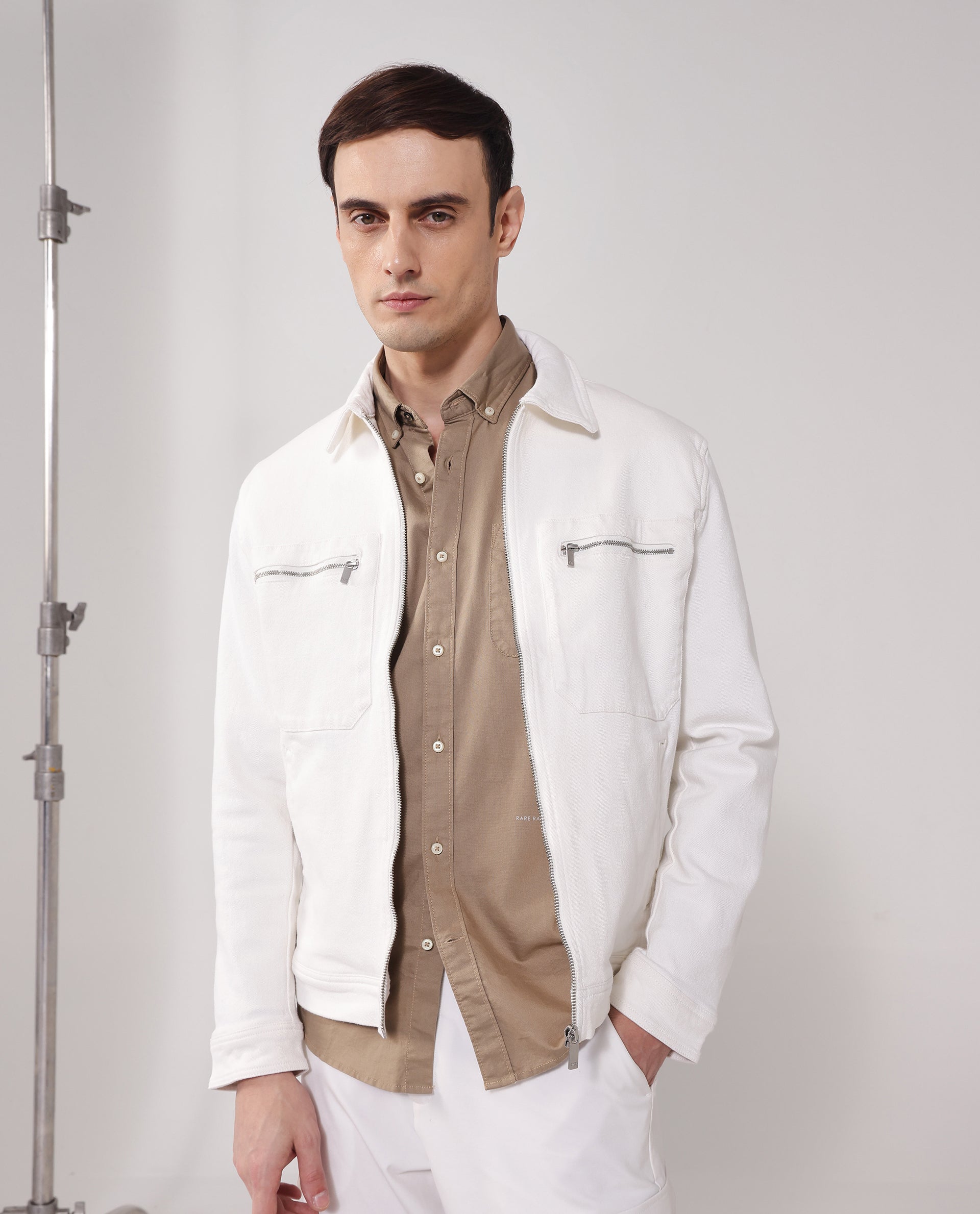 Rare Rabbit Men Denner Off White Cotton Polyester Fabric Full Sleeve Collared Zipper Closure Plain Jacket