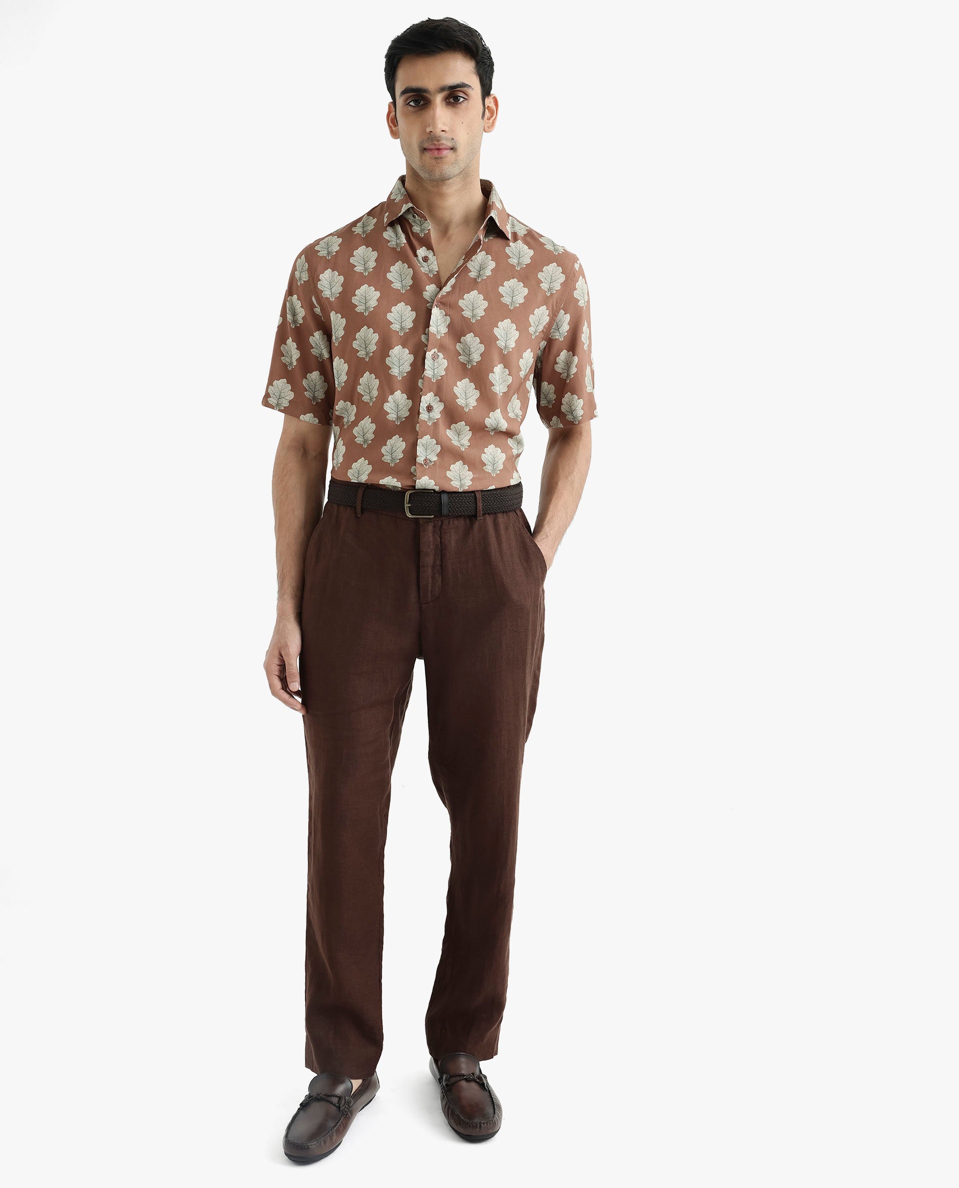 Rare Rabbit Men's Denno Brown Viscose Fabric Collared Neck Regular Fit Tropical Print Shirt