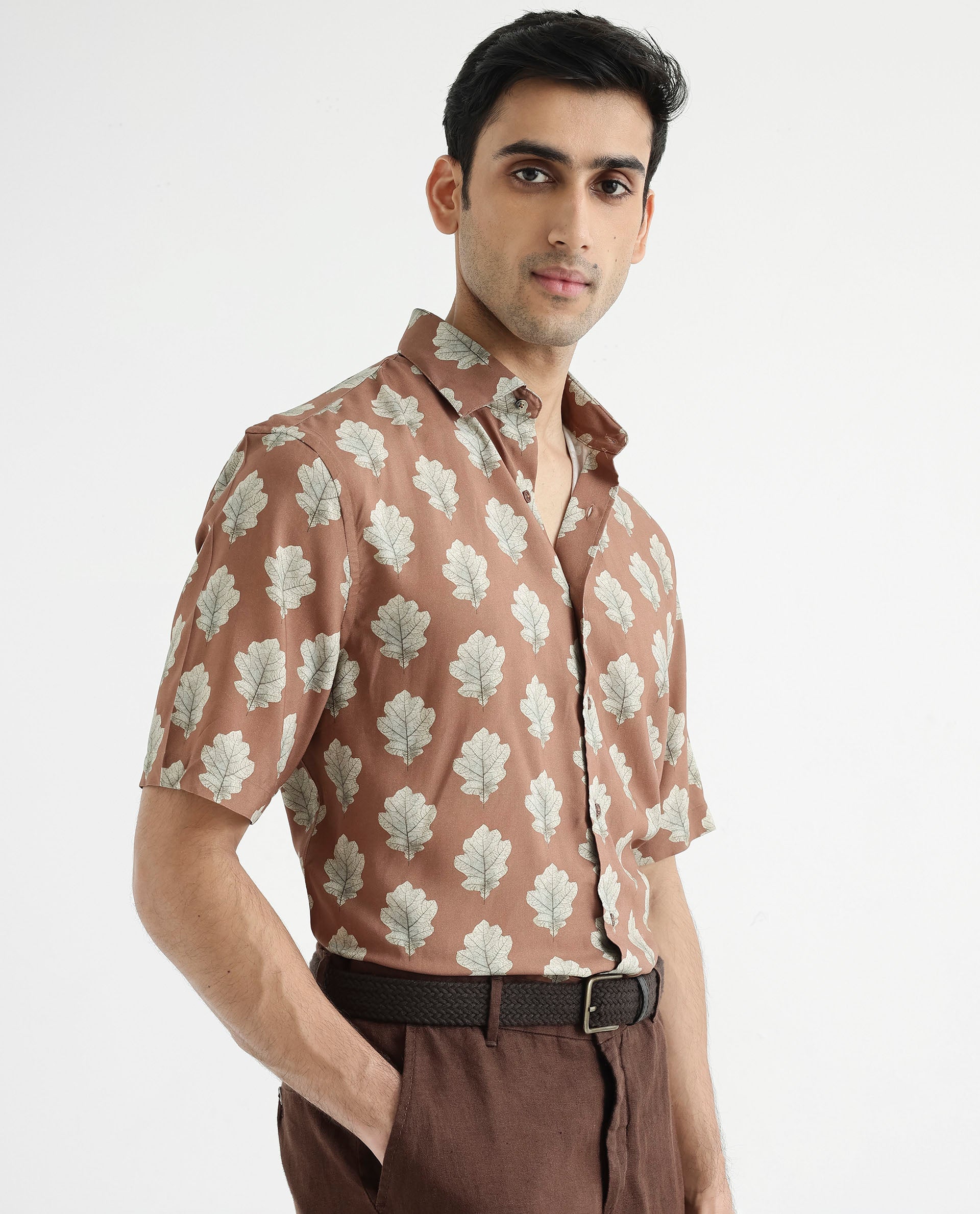 Rare Rabbit Men's Denno Brown Viscose Fabric Collared Neck Regular Fit Tropical Print Shirt