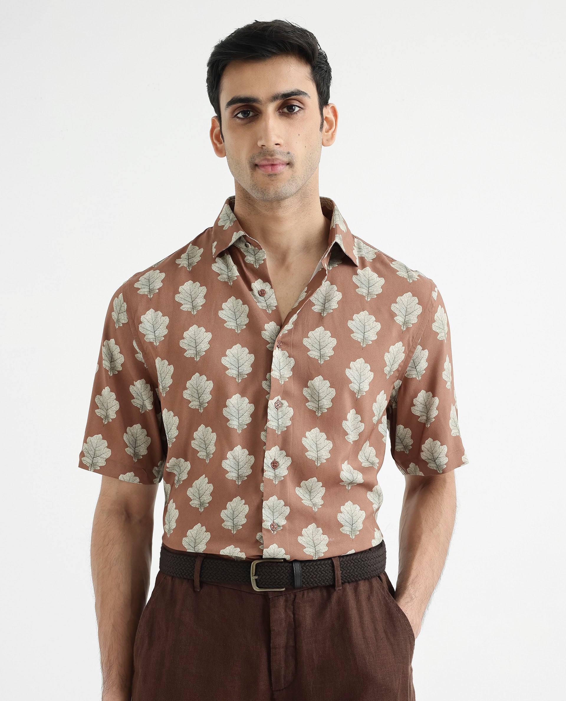 Rare Rabbit Men's Denno Brown Viscose Fabric Collared Neck Regular Fit Tropical Print Shirt
