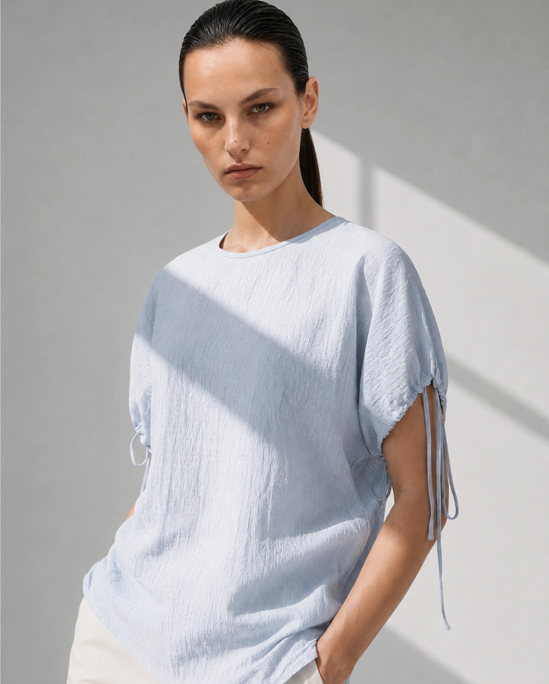 Rareism Women's Deno Light Blue Viscose Blend Crew Neck Button Regular Plain Top