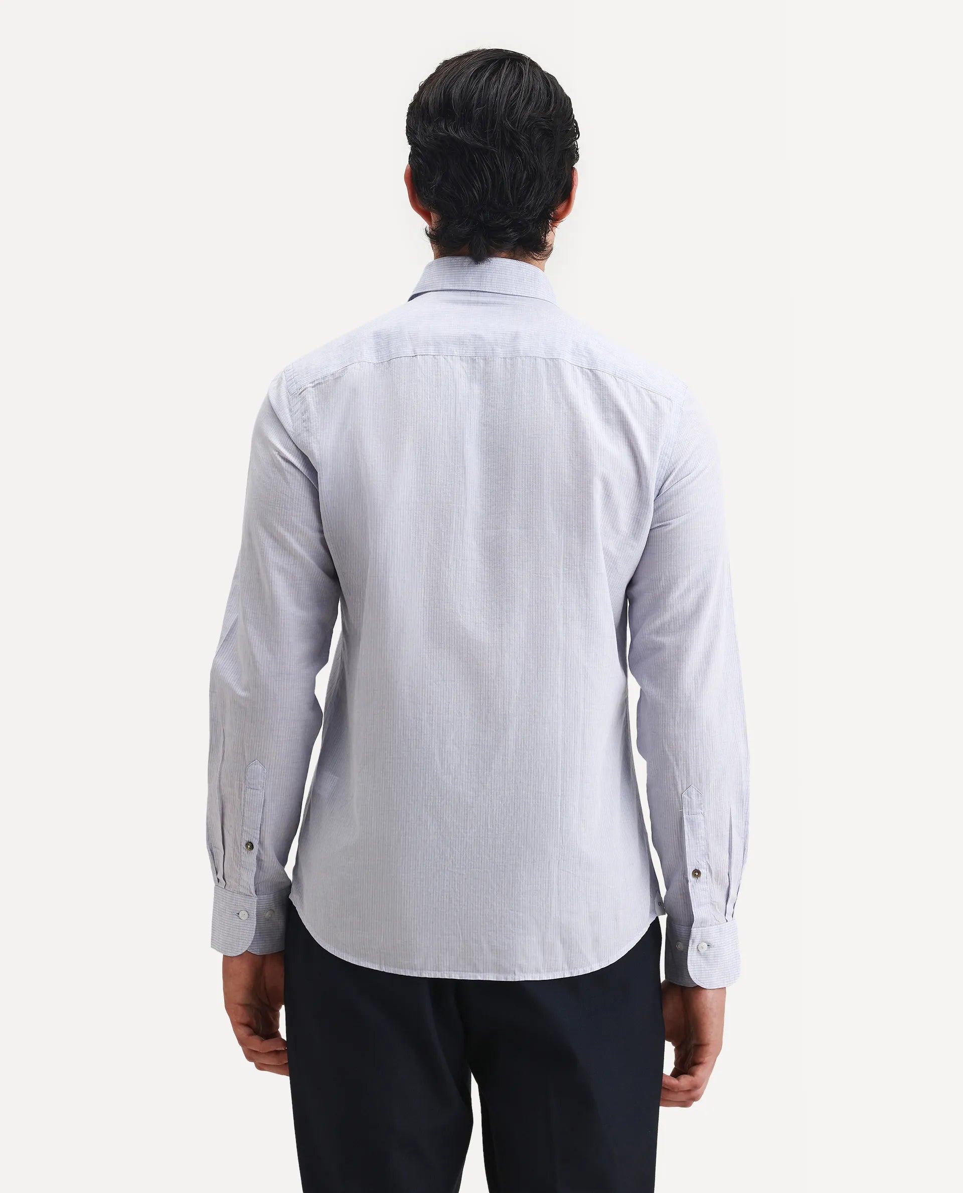 Rare Rabbit Men's Dento Light Blue Linen Blend Striped Print Regular Fit Full Sleeve Collared Shirt