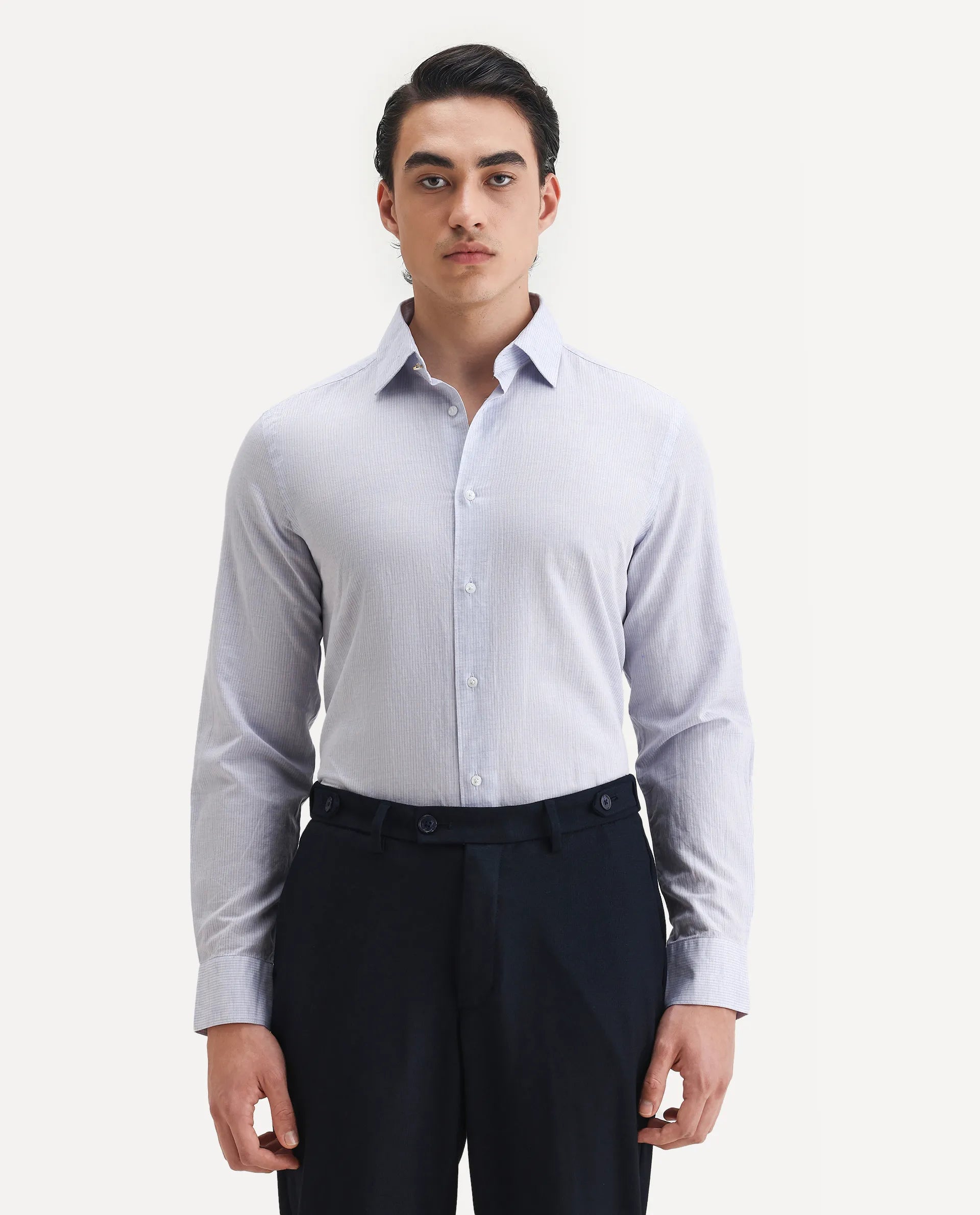 Rare Rabbit Men's Dento Light Blue Linen Blend Striped Print Regular Fit Full Sleeve Collared Shirt