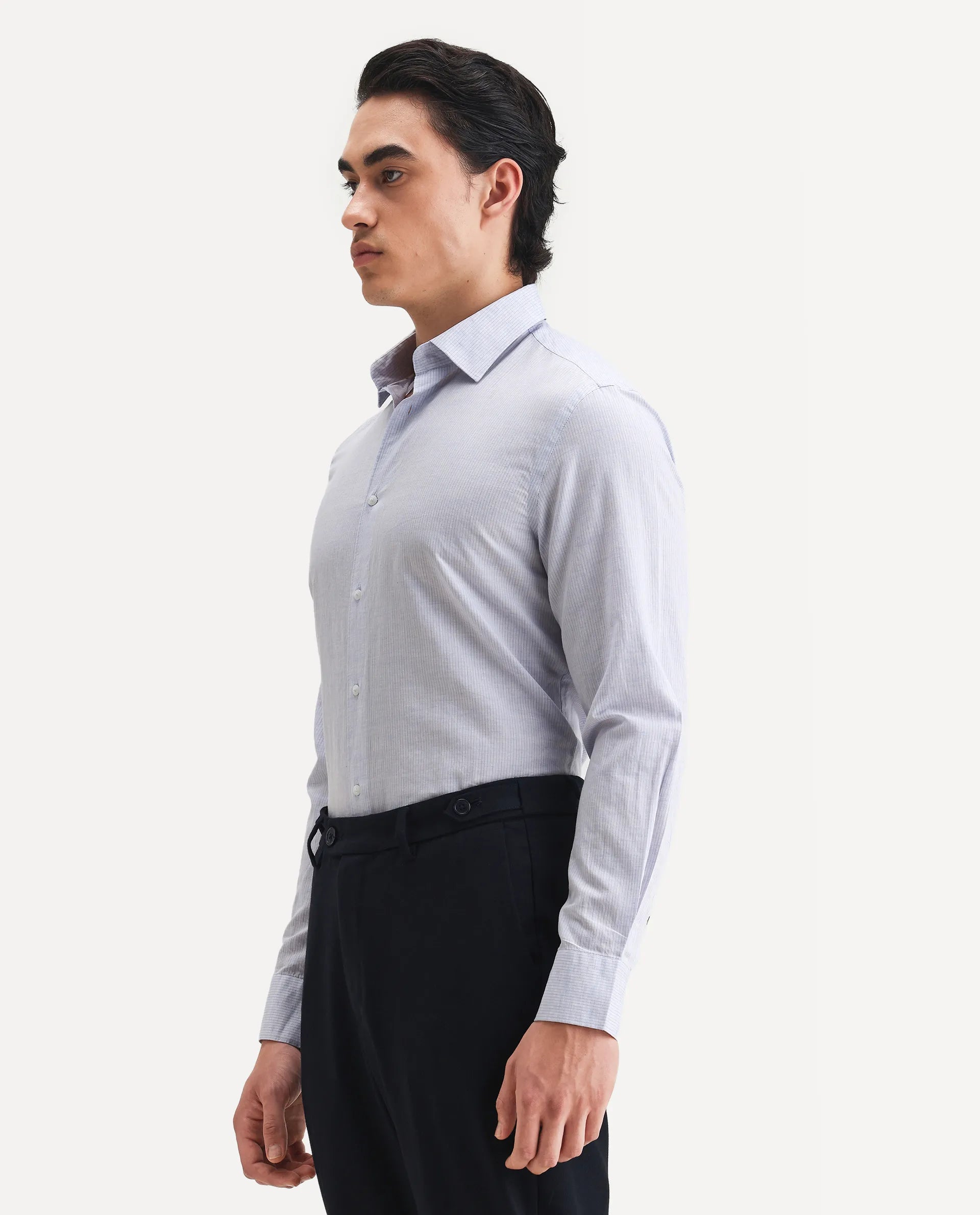 Rare Rabbit Men's Dento Light Blue Linen Blend Striped Print Regular Fit Full Sleeve Collared Shirt