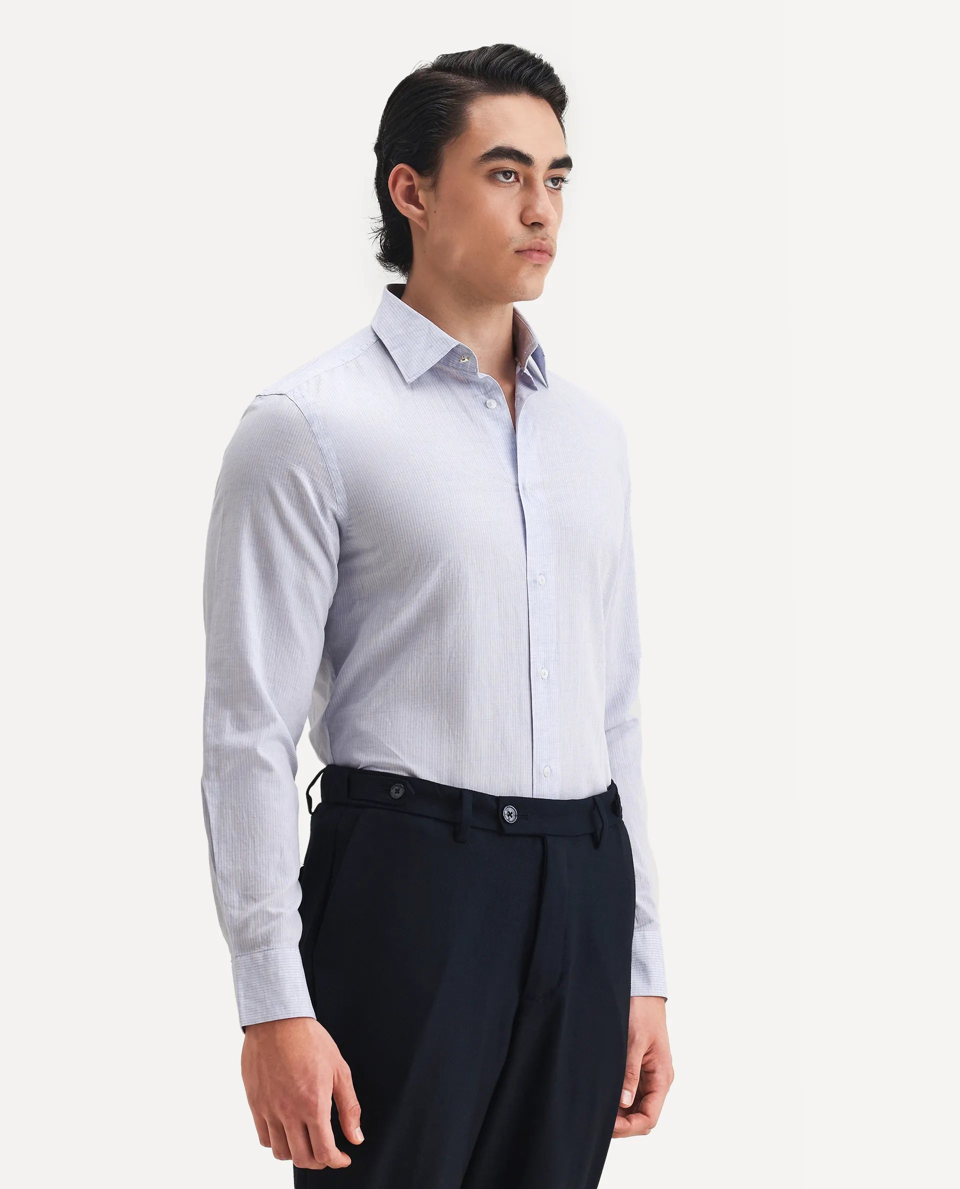 Rare Rabbit Men's Dento Light Blue Linen Blend Striped Print Regular Fit Full Sleeve Collared Shirt