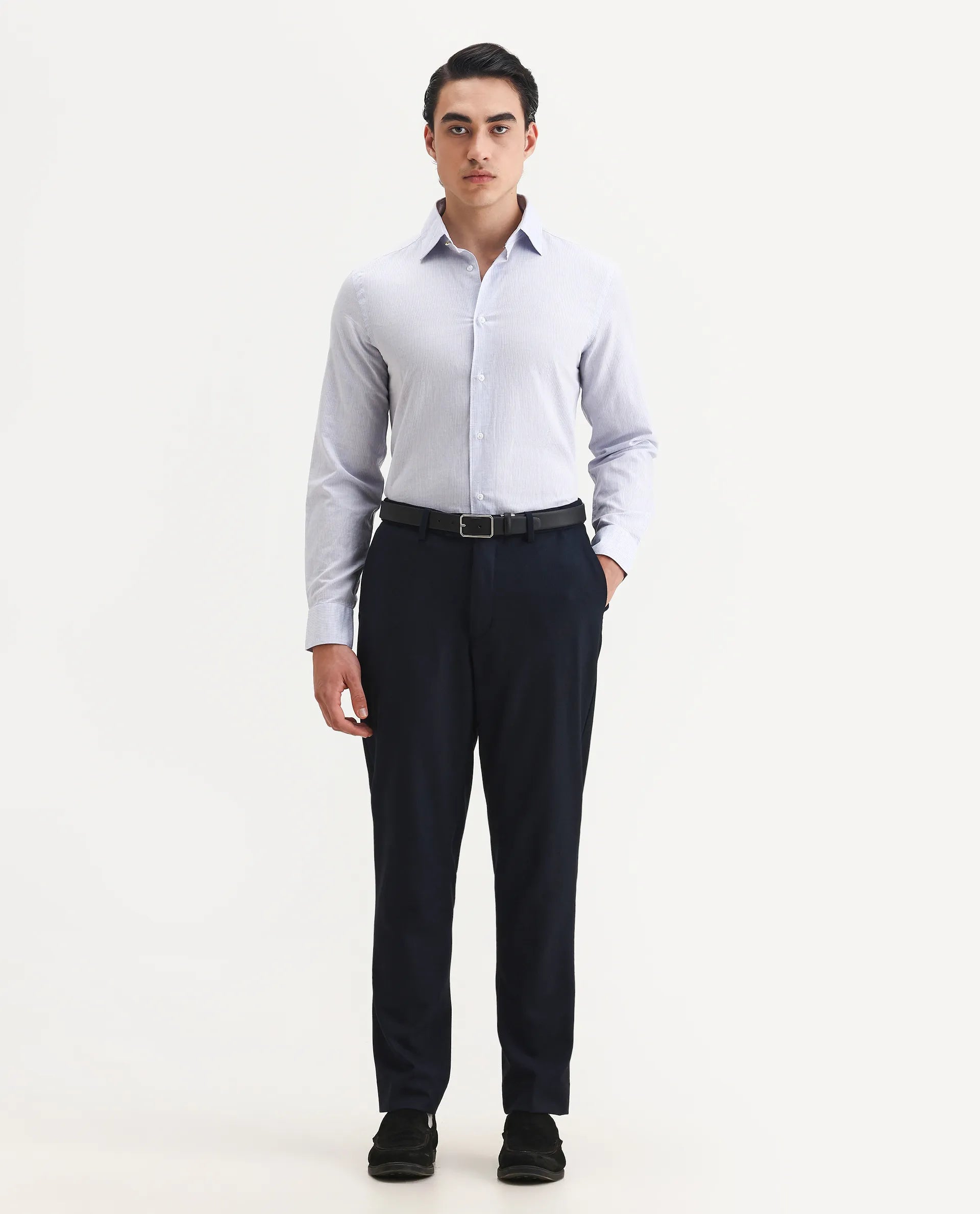 Rare Rabbit Men's Dento Light Blue Linen Blend Striped Print Regular Fit Full Sleeve Collared Shirt