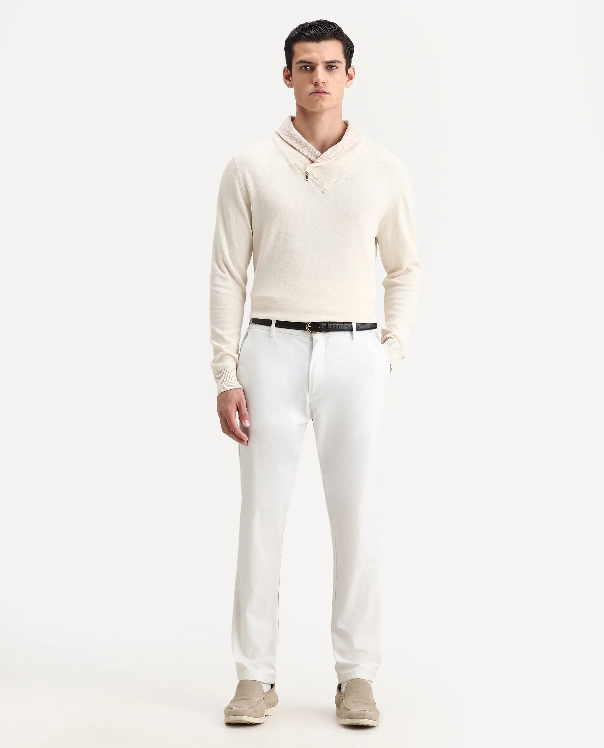 Rare Rabbit Men's Denver-25 Off White Cotton Plain Regular Fit Full Sleeve Shawl Neck Sweater