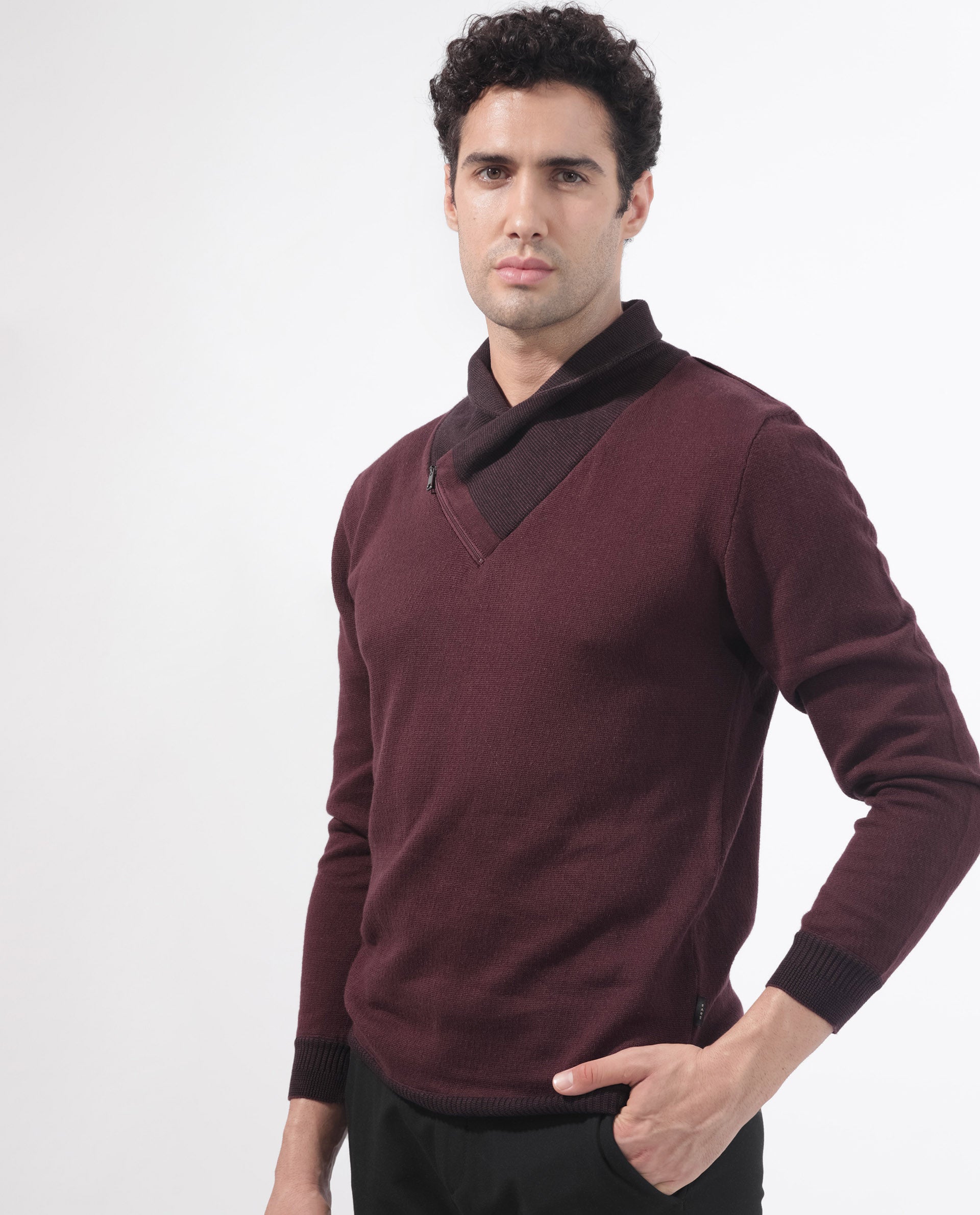 Rare Rabbit Men's Denver Brown Cotton Plain Regular Fit Full Sleeve Shawl Neck Sweater