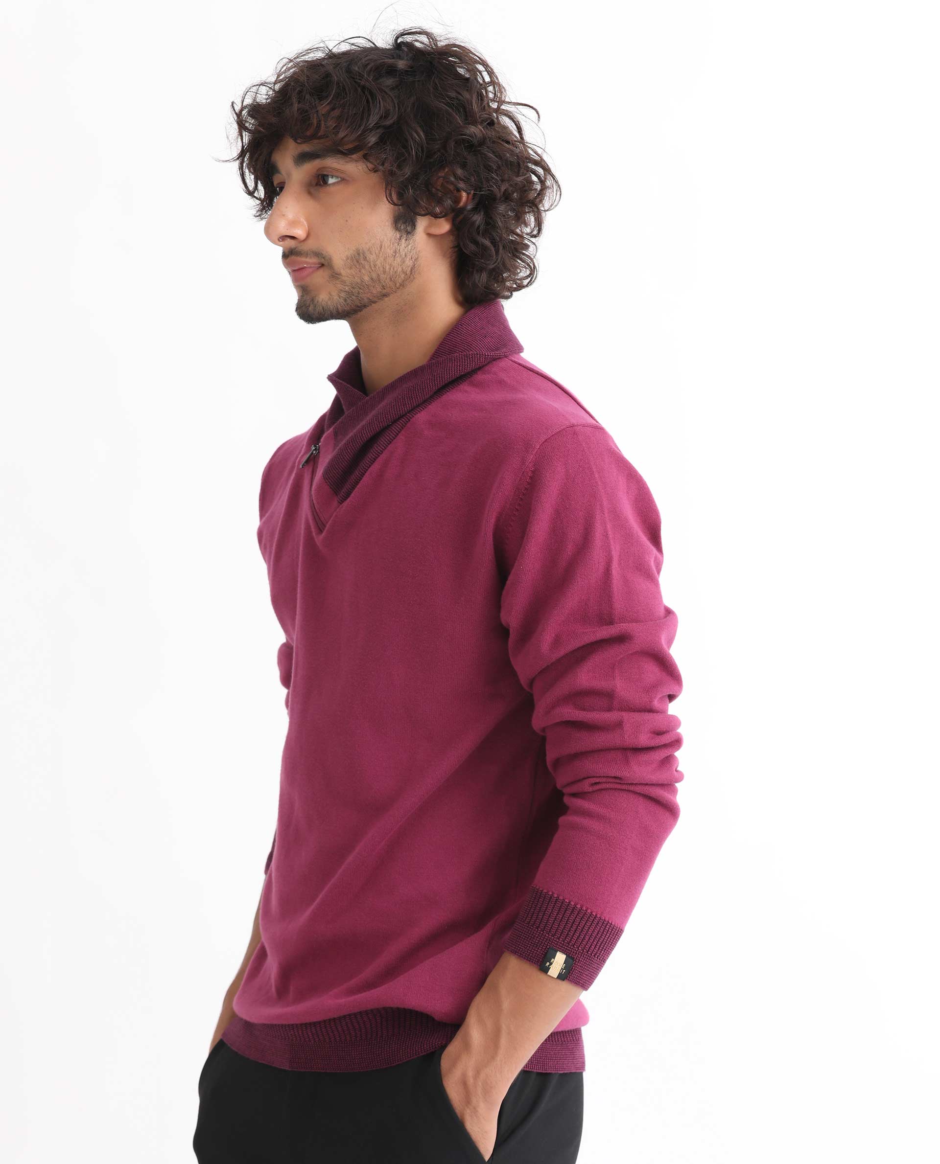 Rare Rabbit Mens Denver Pink Cotton Fabric Shawl Neck Full Sleeves Zipper Closure Regular Fit Sweater