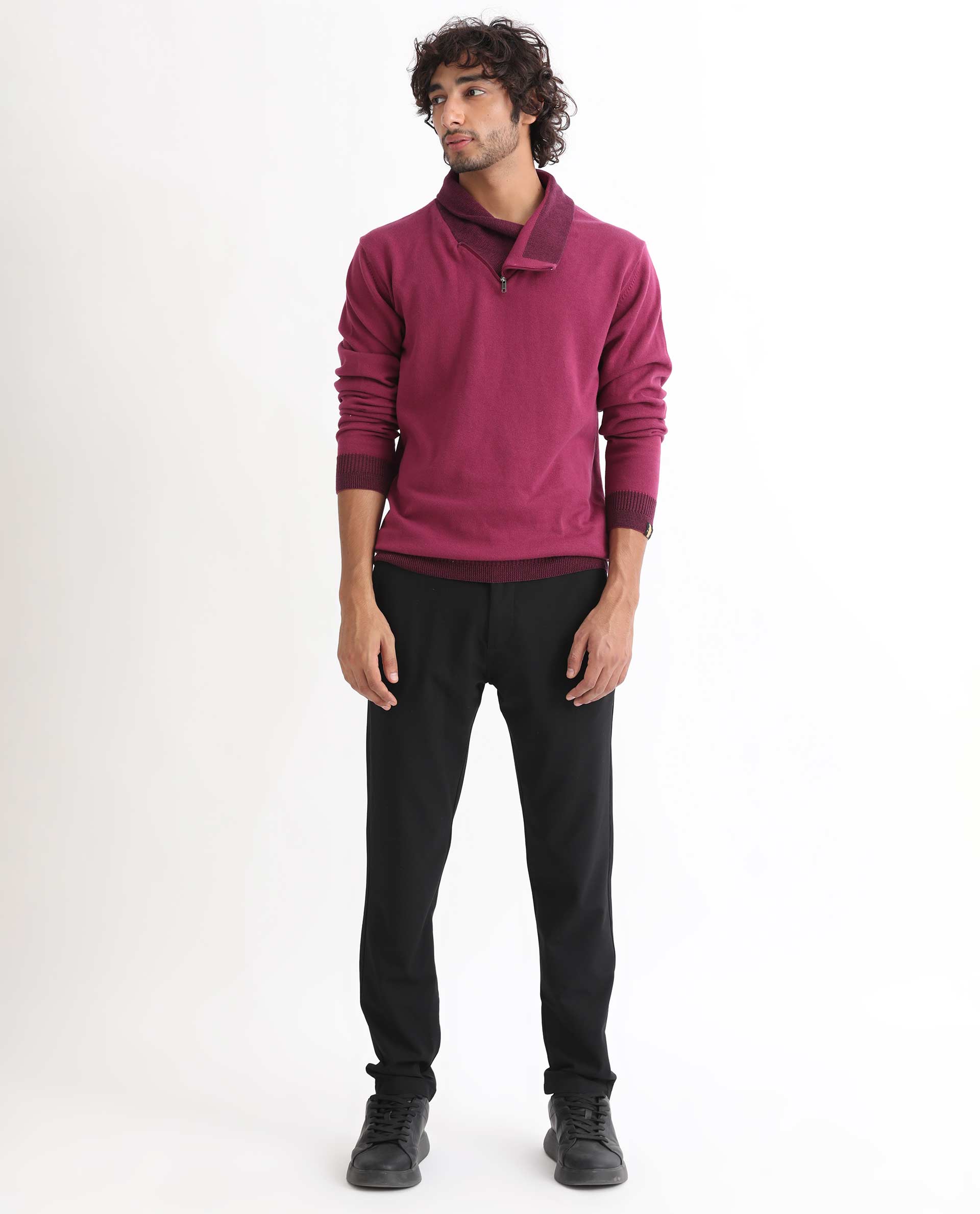 Rare Rabbit Mens Denver Pink Cotton Fabric Shawl Neck Full Sleeves Zipper Closure Regular Fit Sweater