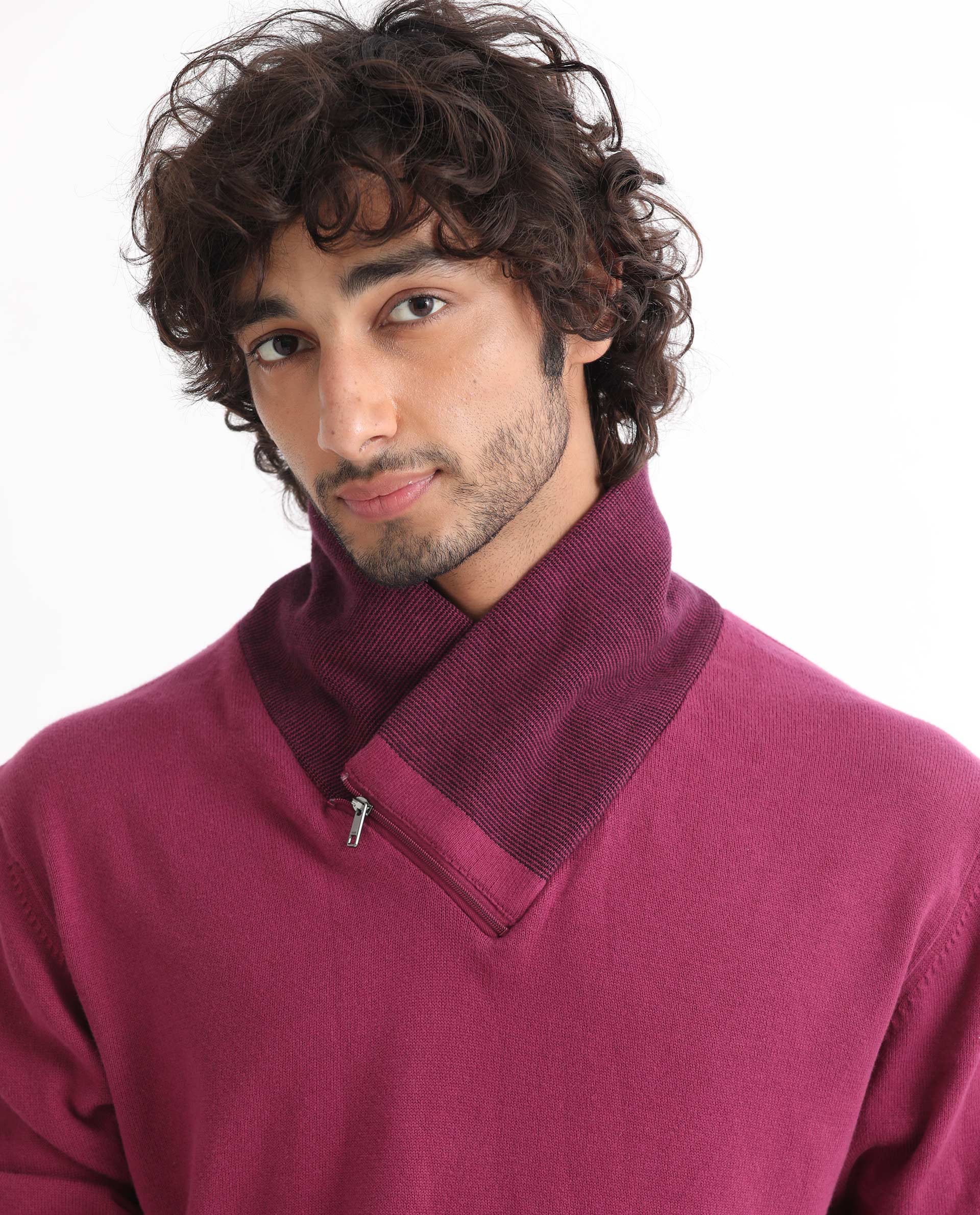 Rare Rabbit Mens Denver Pink Cotton Fabric Shawl Neck Full Sleeves Zipper Closure Regular Fit Sweater