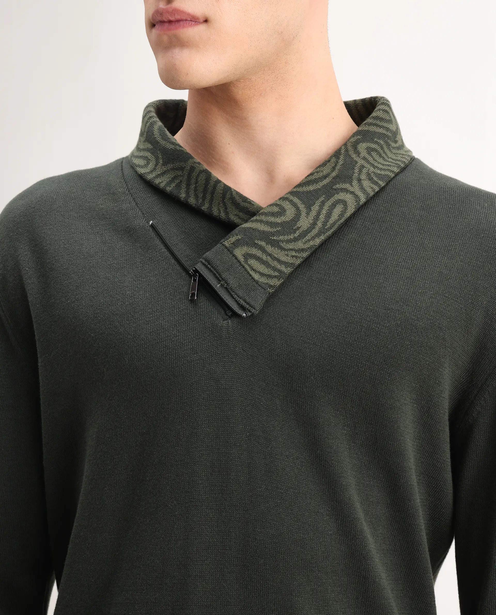 Rare Rabbit Men's Denver-25 Dark Olive Cotton Plain Regular Fit Full Sleeve Shawl Neck Sweater