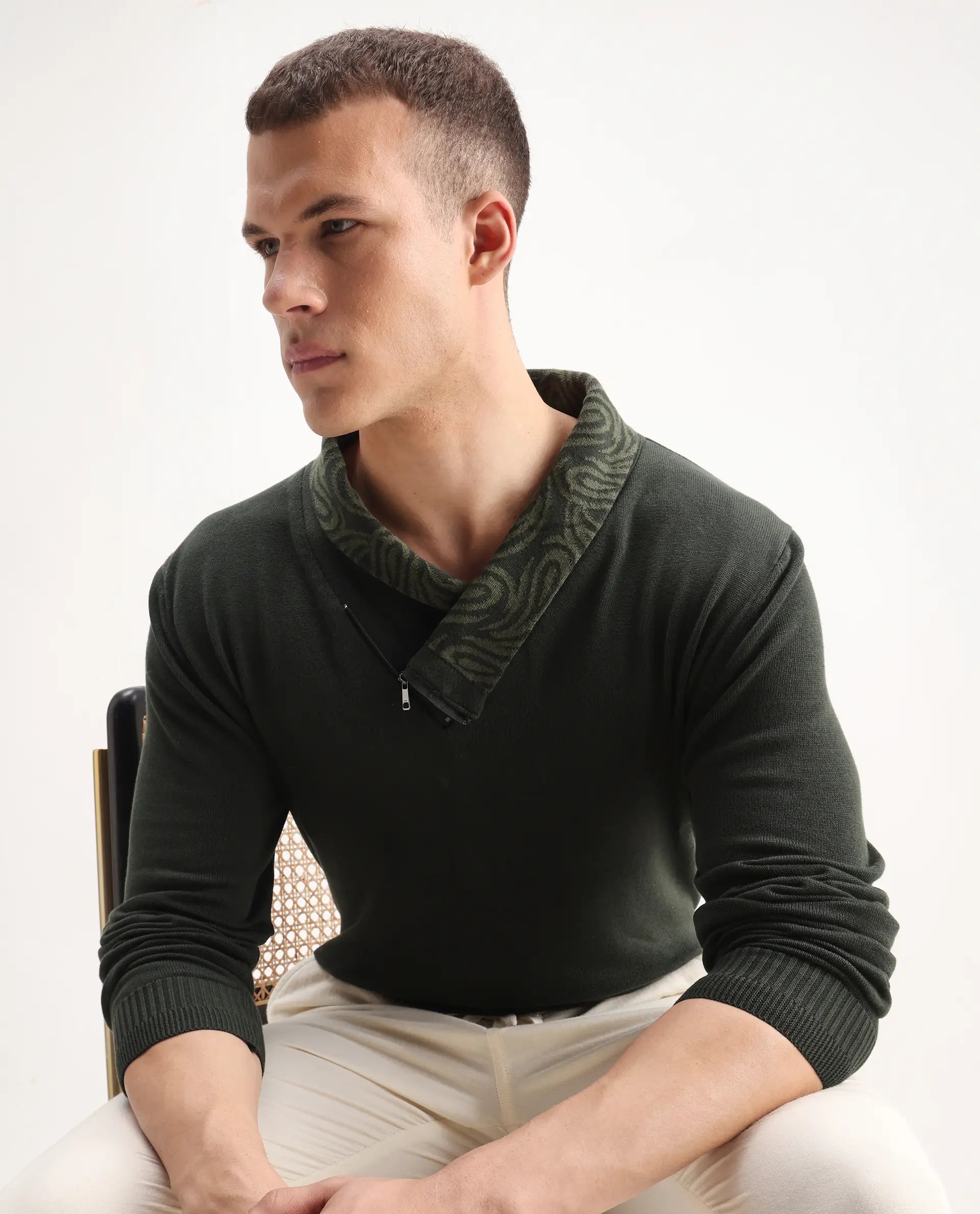 Rare Rabbit Men's Denver-25 Dark Olive Cotton Plain Regular Fit Full Sleeve Shawl Neck Sweater