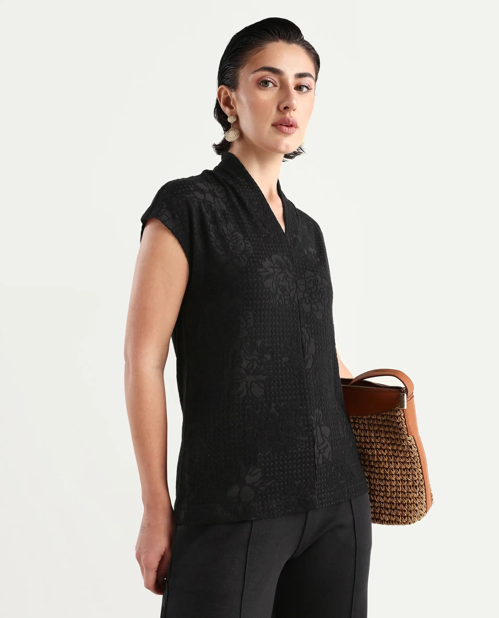 Rareism Women's Deone Black Polyester Blend V-Neck Plain Extended Sleeves Regular Fit Top