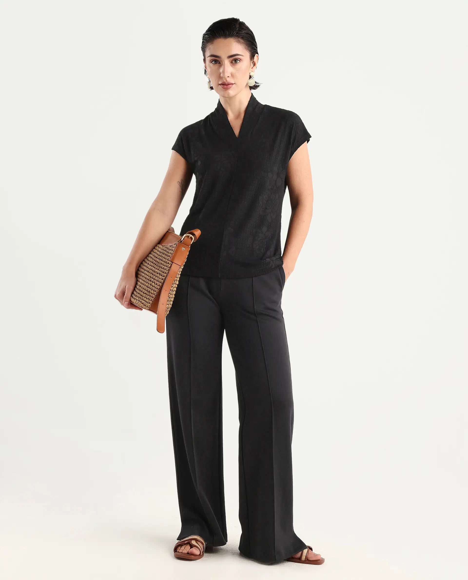 Rareism Women's Deone Black Polyester Blend V-Neck Plain Extended Sleeves Regular Fit Top