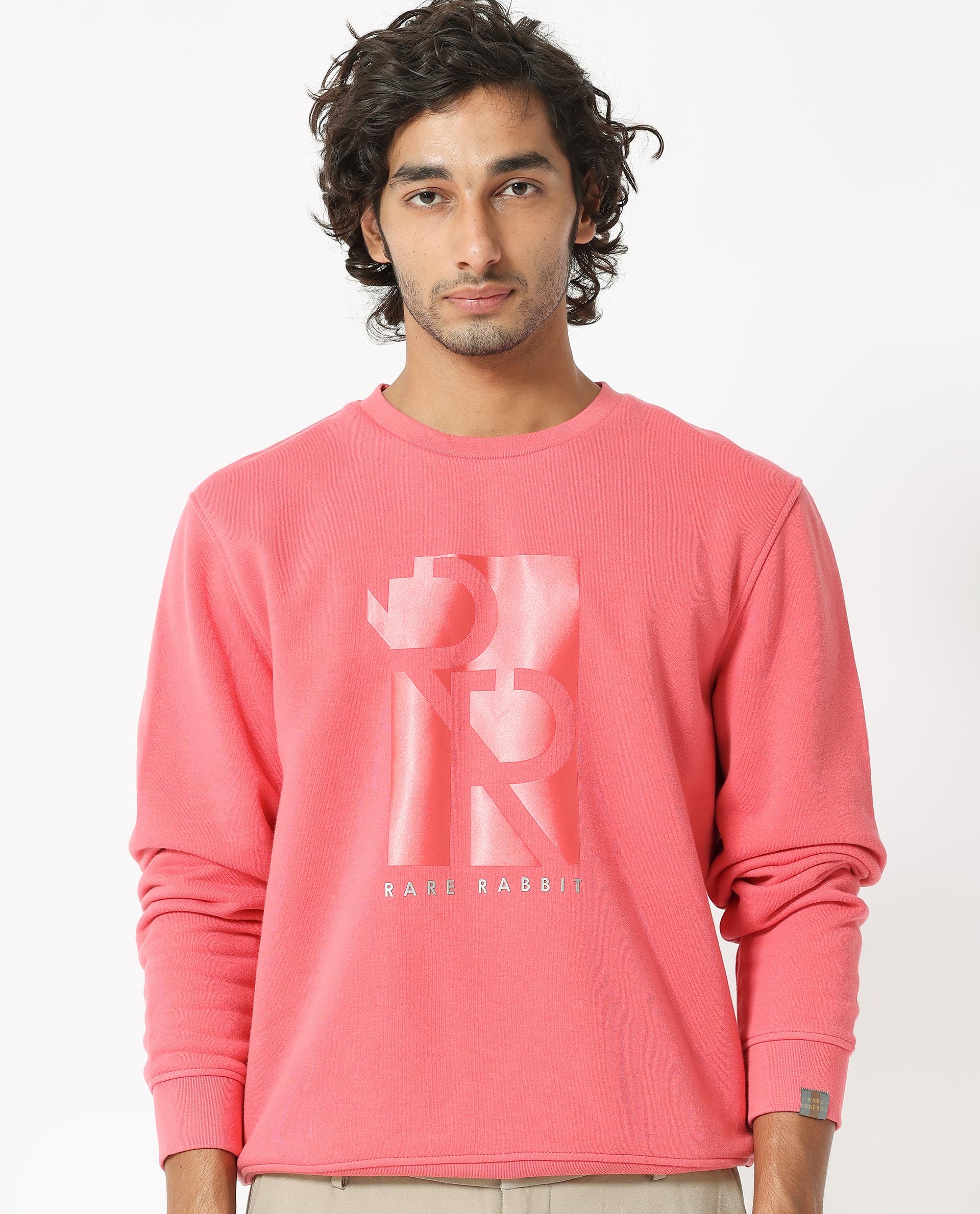 Rare Rabbit Men's Depth Red Cotton Polyester Fabric Full Sleeves Graphic Print Knitted Sweatshirt
