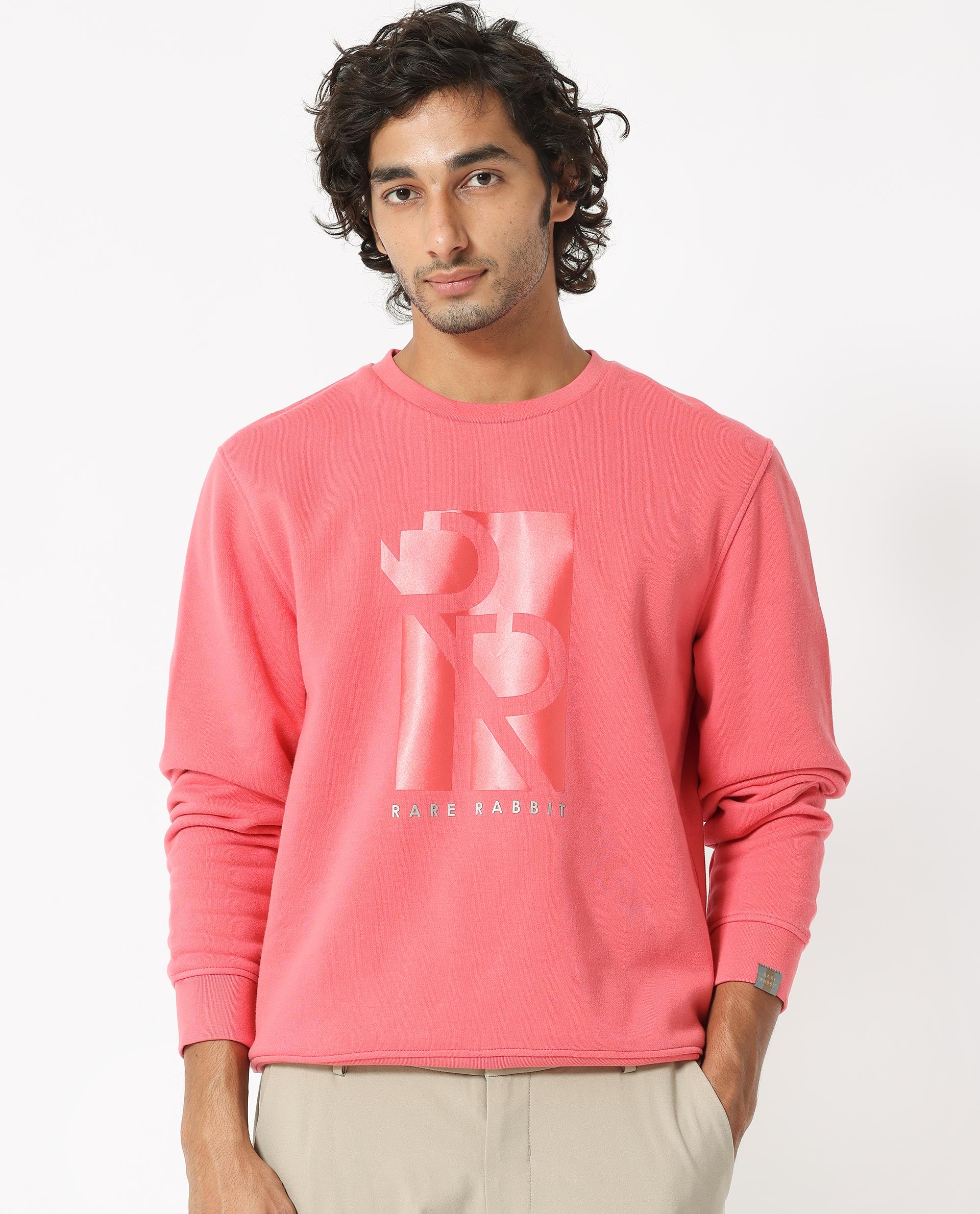 Rare Rabbit Men's Depth Red Cotton Polyester Fabric Full Sleeves Graphic Print Knitted Sweatshirt