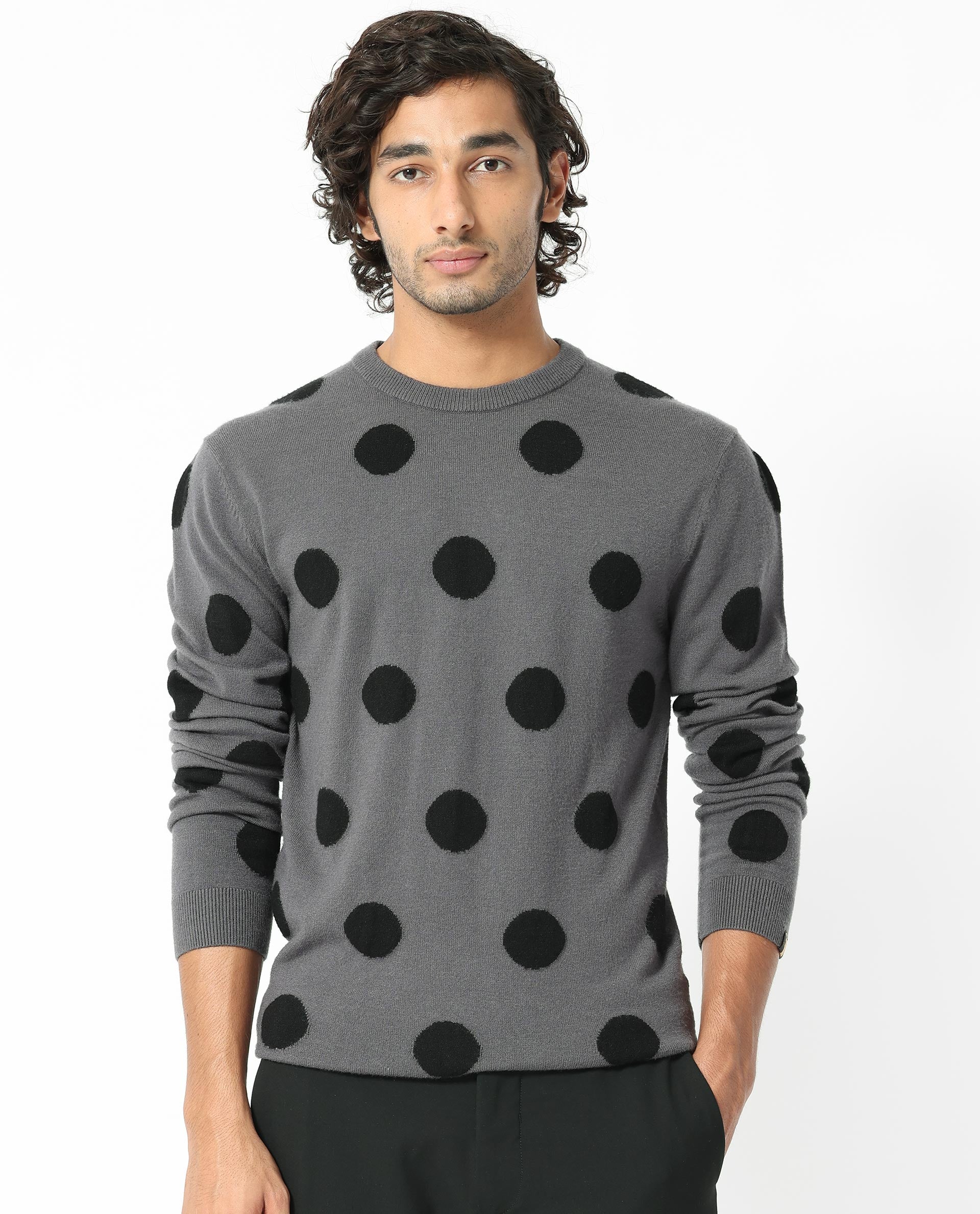 Rare Rabbit Men's Deremy Grey Viscose Polyester Nylon Fabric Full Sleeves Knitted Polka Dot Sweater