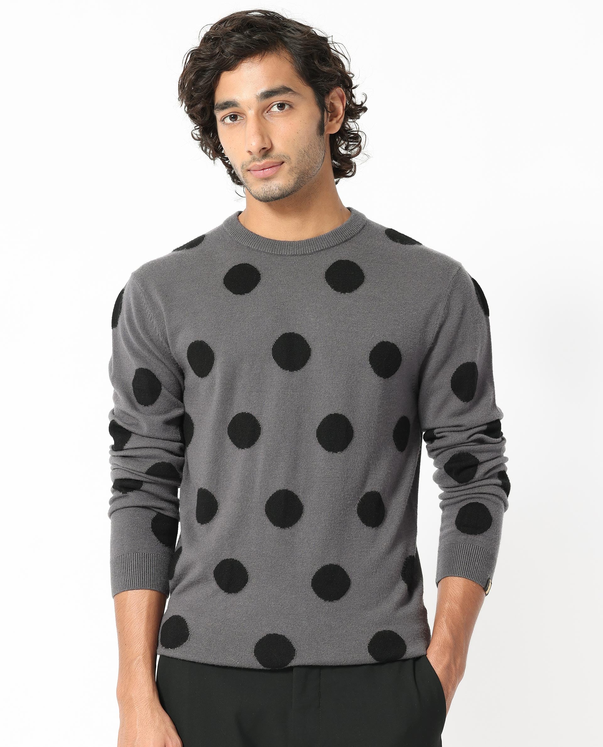 Rare Rabbit Men's Deremy Grey Viscose Polyester Nylon Fabric Full Sleeves Knitted Polka Dot Sweater