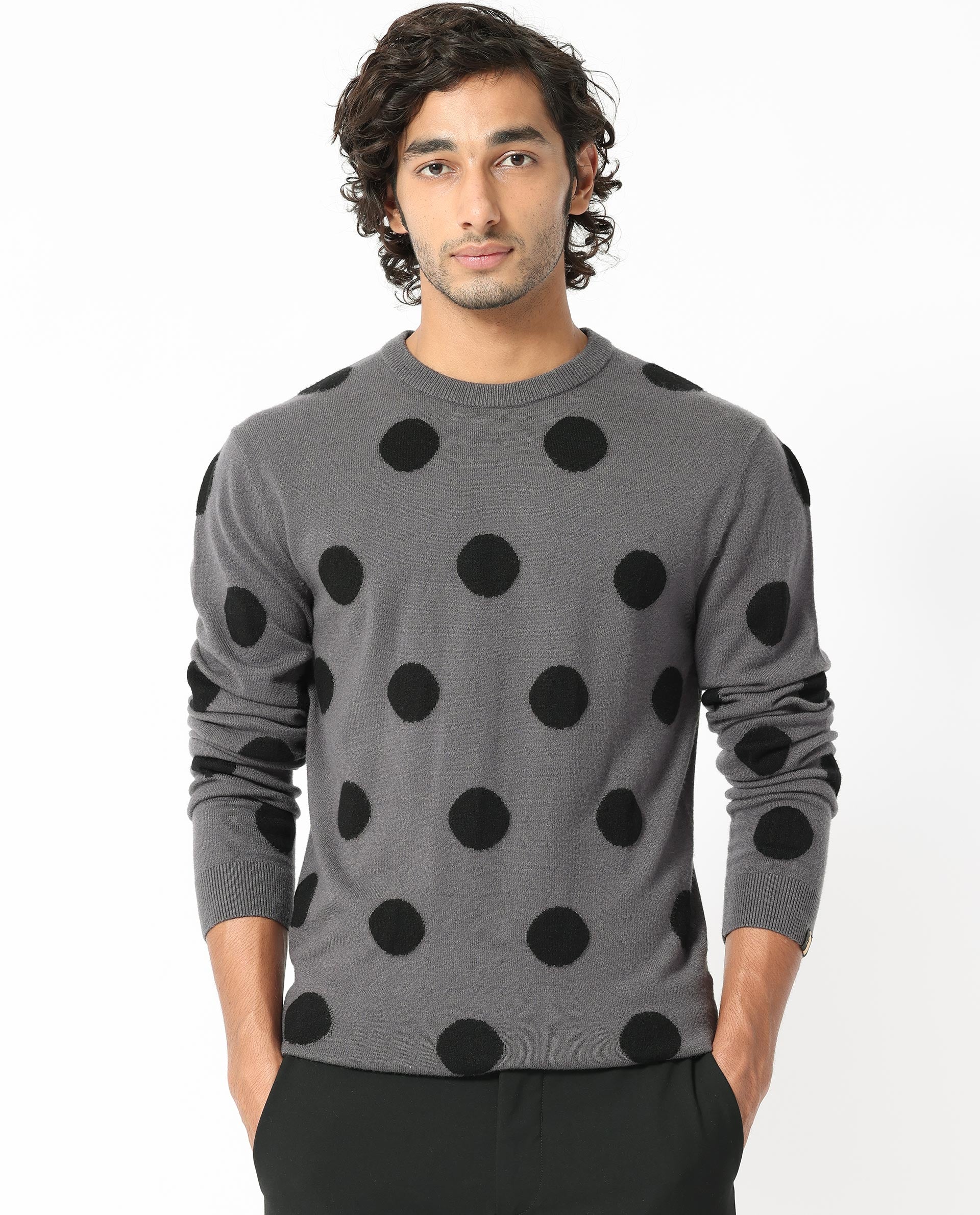 Rare Rabbit Men's Deremy Grey Viscose Polyester Nylon Fabric Full Sleeves Knitted Polka Dot Sweater