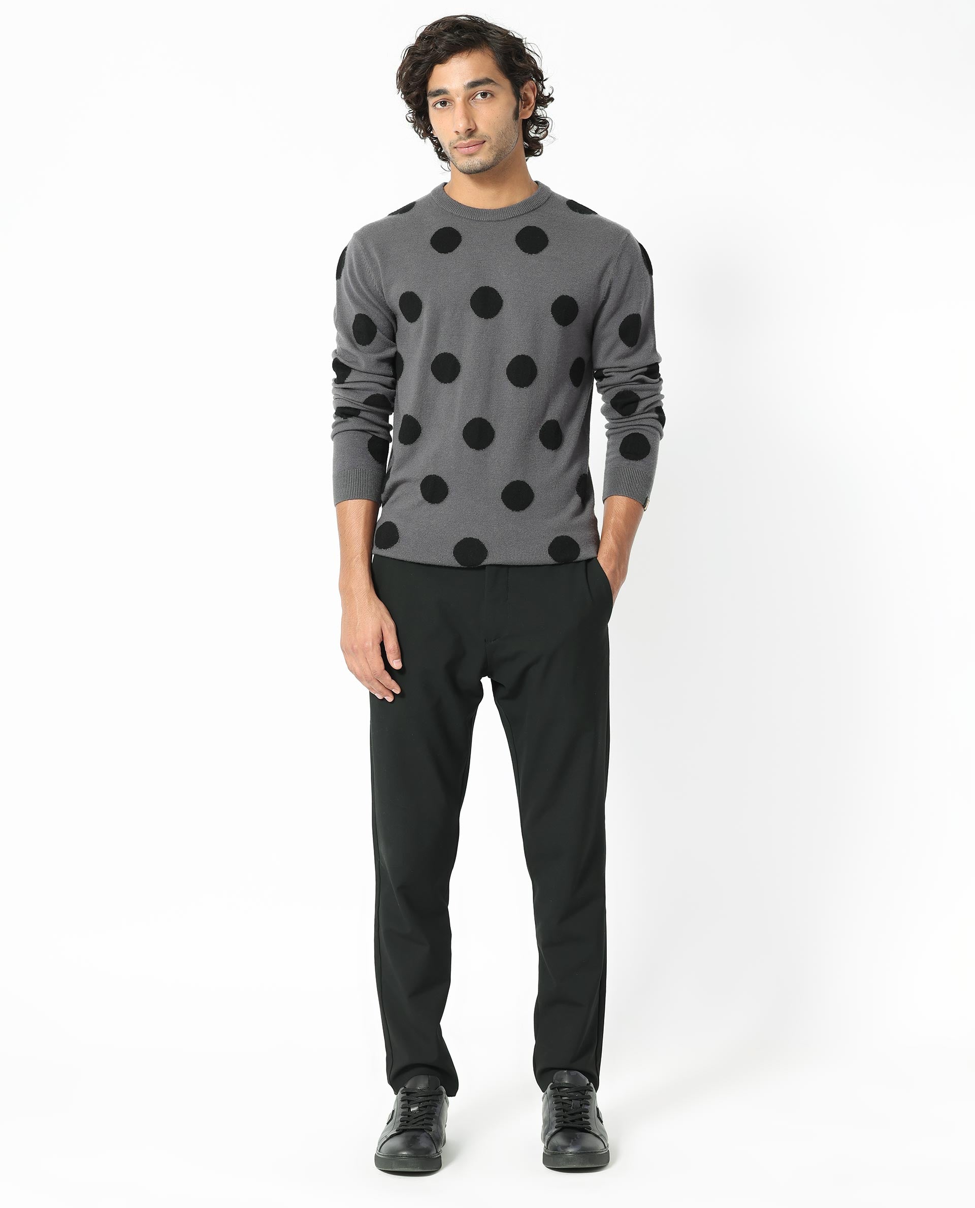 Rare Rabbit Men's Deremy Grey Viscose Polyester Nylon Fabric Full Sleeves Knitted Polka Dot Sweater